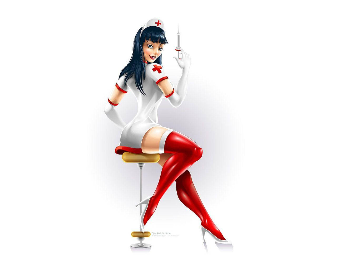 anime nurse, dark hair, red stockings, HD Desktop Wallpaper