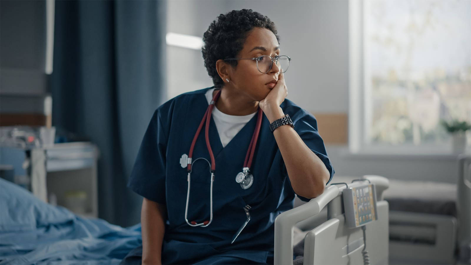 nurse, blue scrubs, hospital bed, HD Desktop Wallpaper