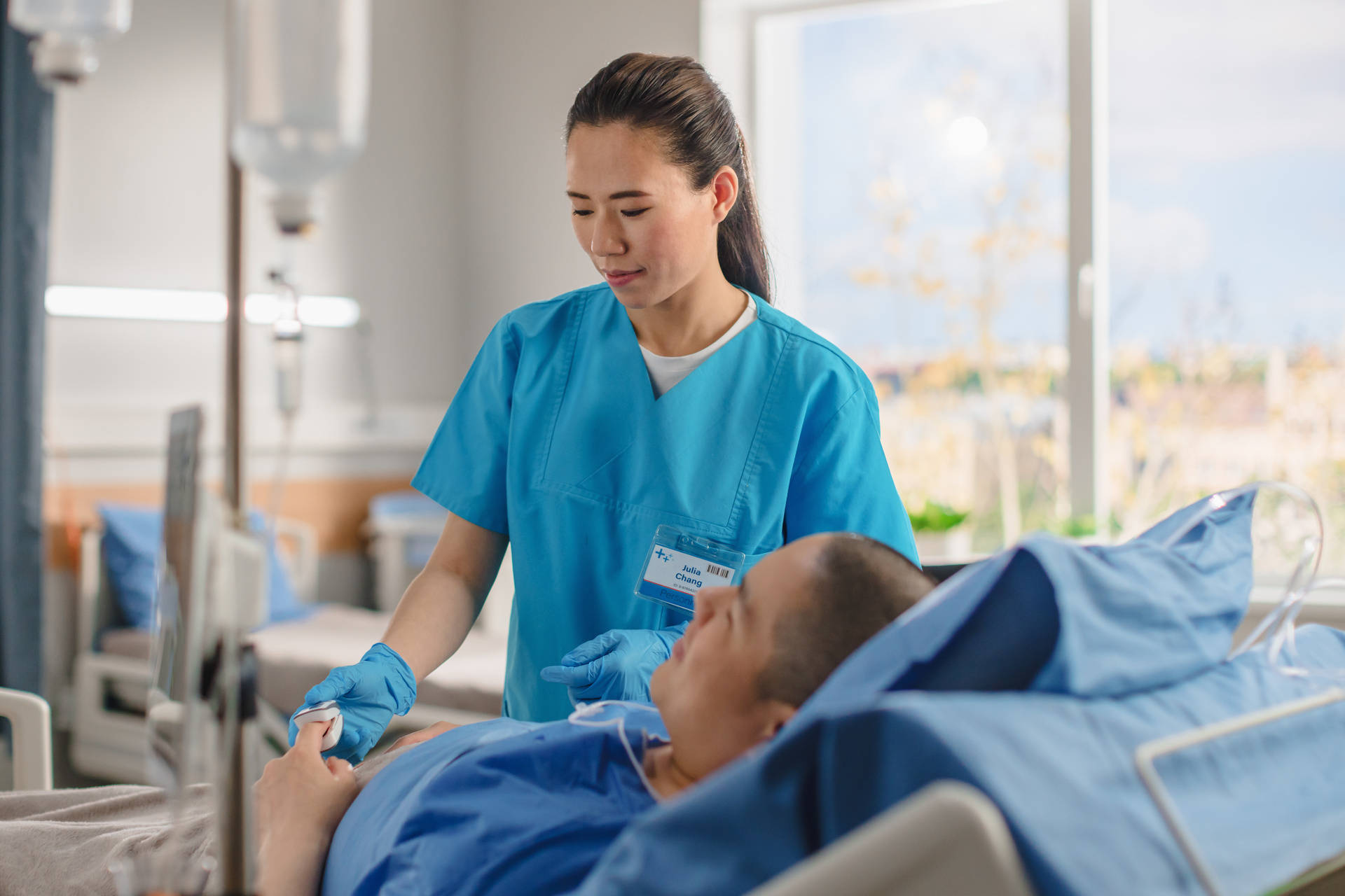 female nurse, male patient, blue scrubs, Full HD Desktop Wallpaper