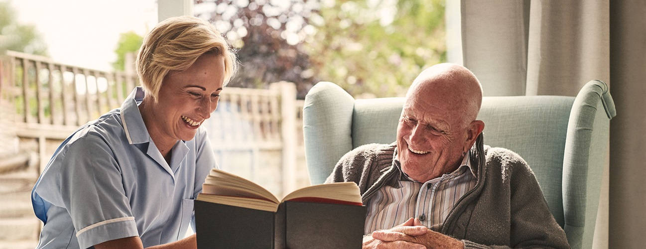 nurse, elderly man, light blue armchair, HD Desktop Wallpaper