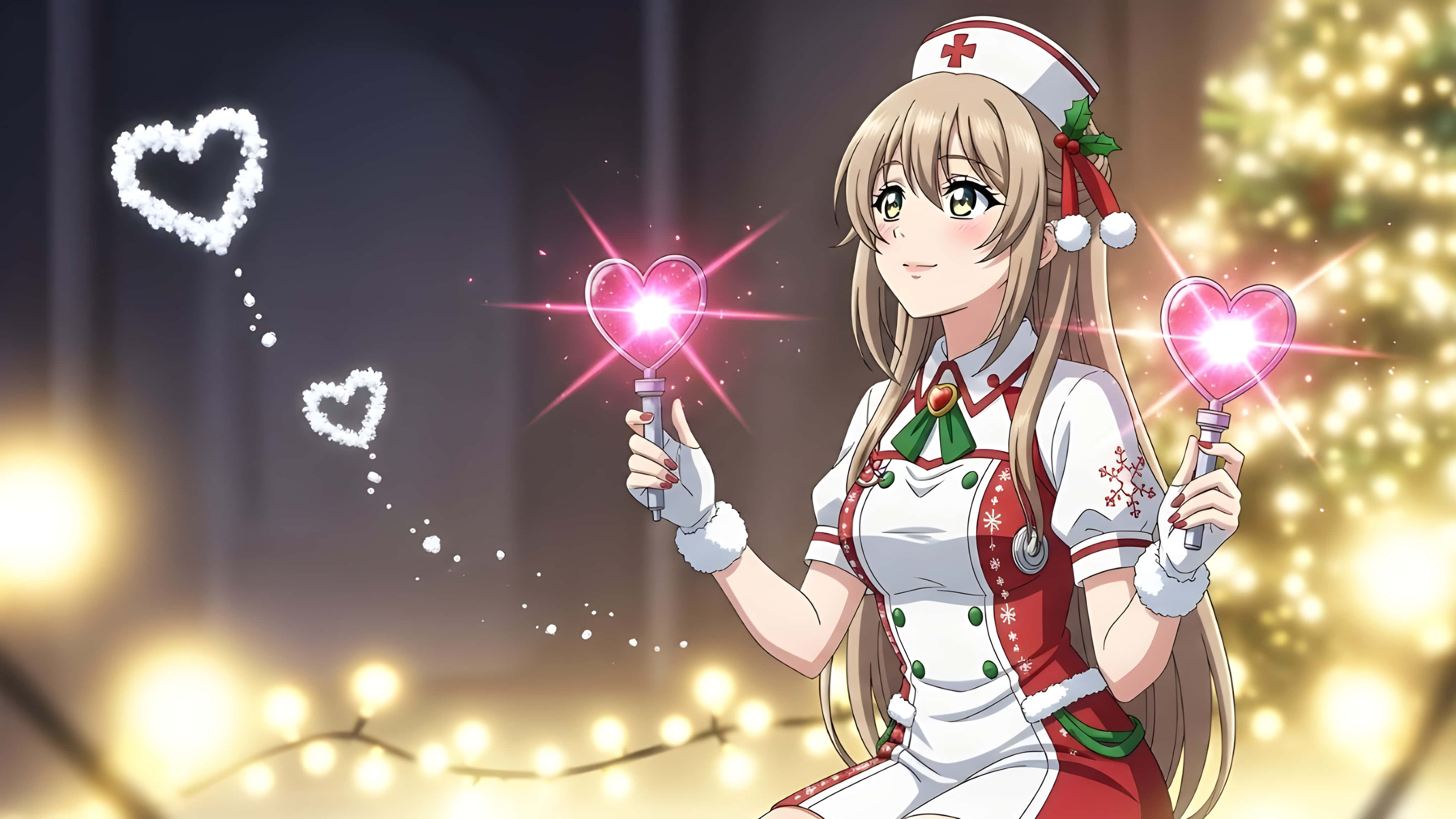 anime nurse, heart wands, Christmas lights, 4K Desktop Wallpaper