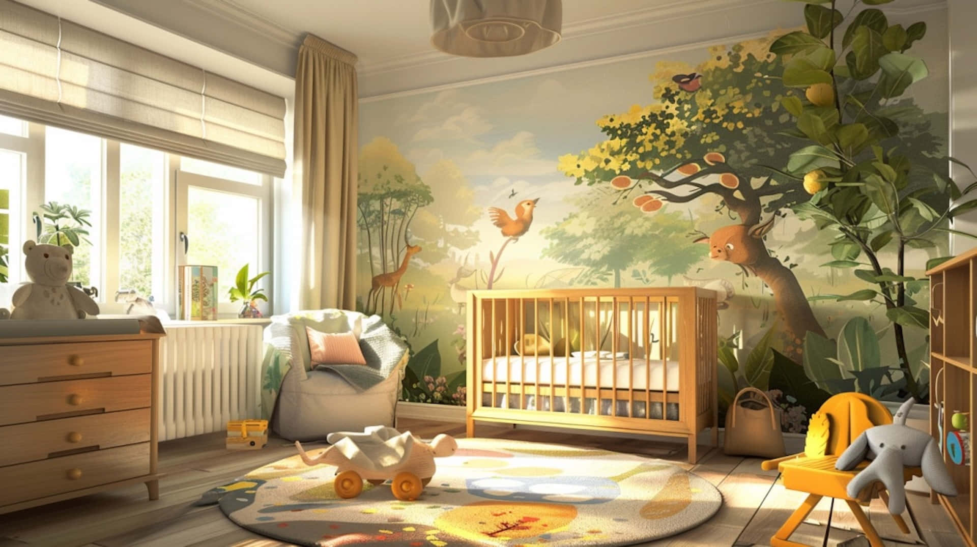 Enchanted Forest Themed Nursery, sunlit nursery, wooden furniture, Full HD Desktop Wallpaper