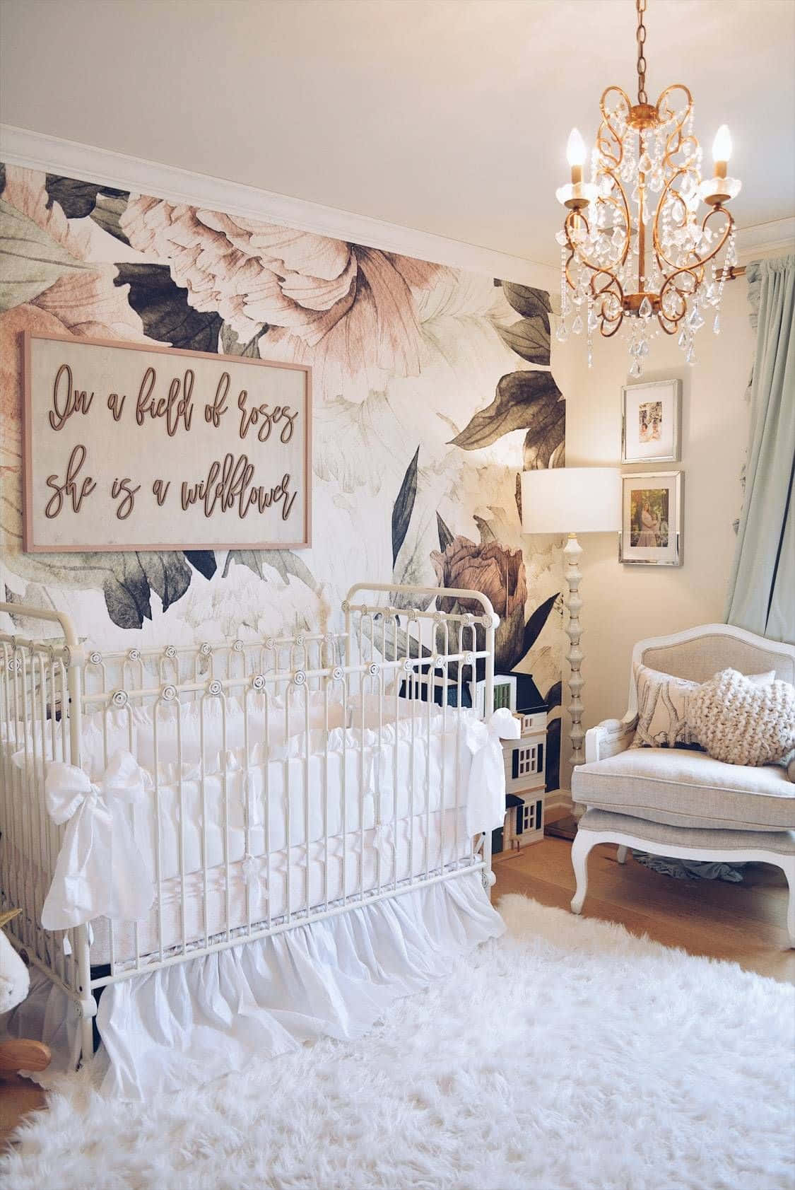 white crib, fluffy rug, floral wallpaper, HD Phone Wallpaper