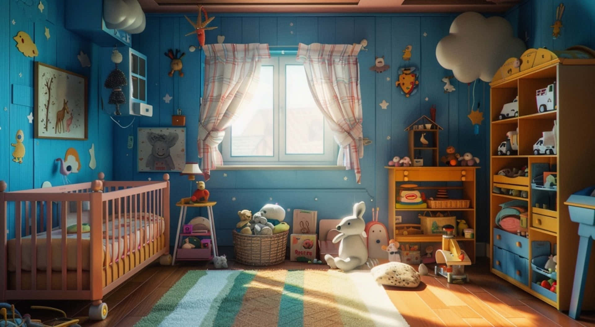 cozy animated nursery room, vibrant blue child's room, sunlight streams through a window, Full HD Desktop Wallpaper