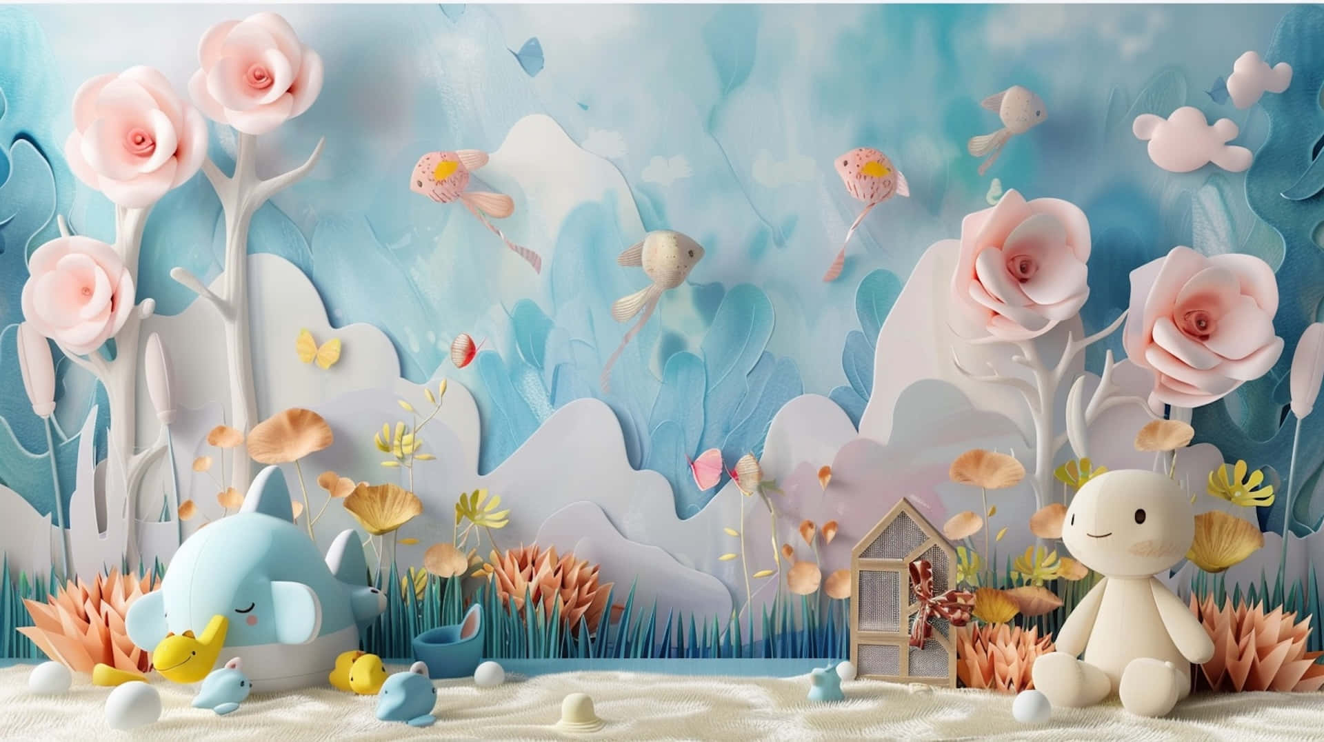enchanted forest, pastel flowers, birds, Full HD Desktop Wallpaper