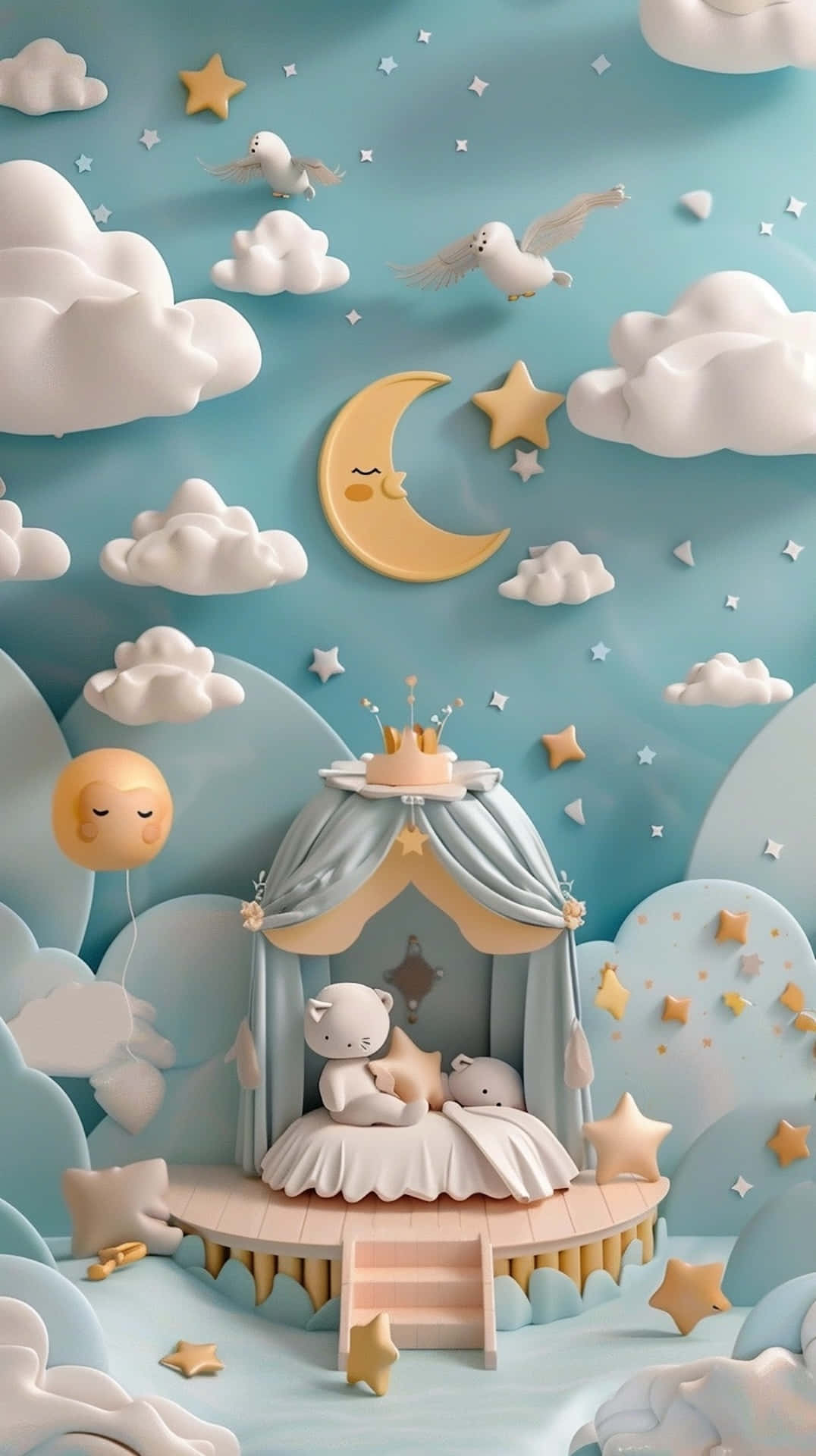 whimsical 3d-rendered nursery scene, plush bears, cloud bed, Full HD Phone Wallpaper