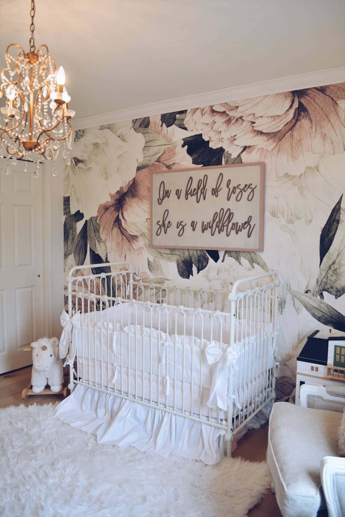 white crib, fluffy rug, chandelier, HD Phone Wallpaper
