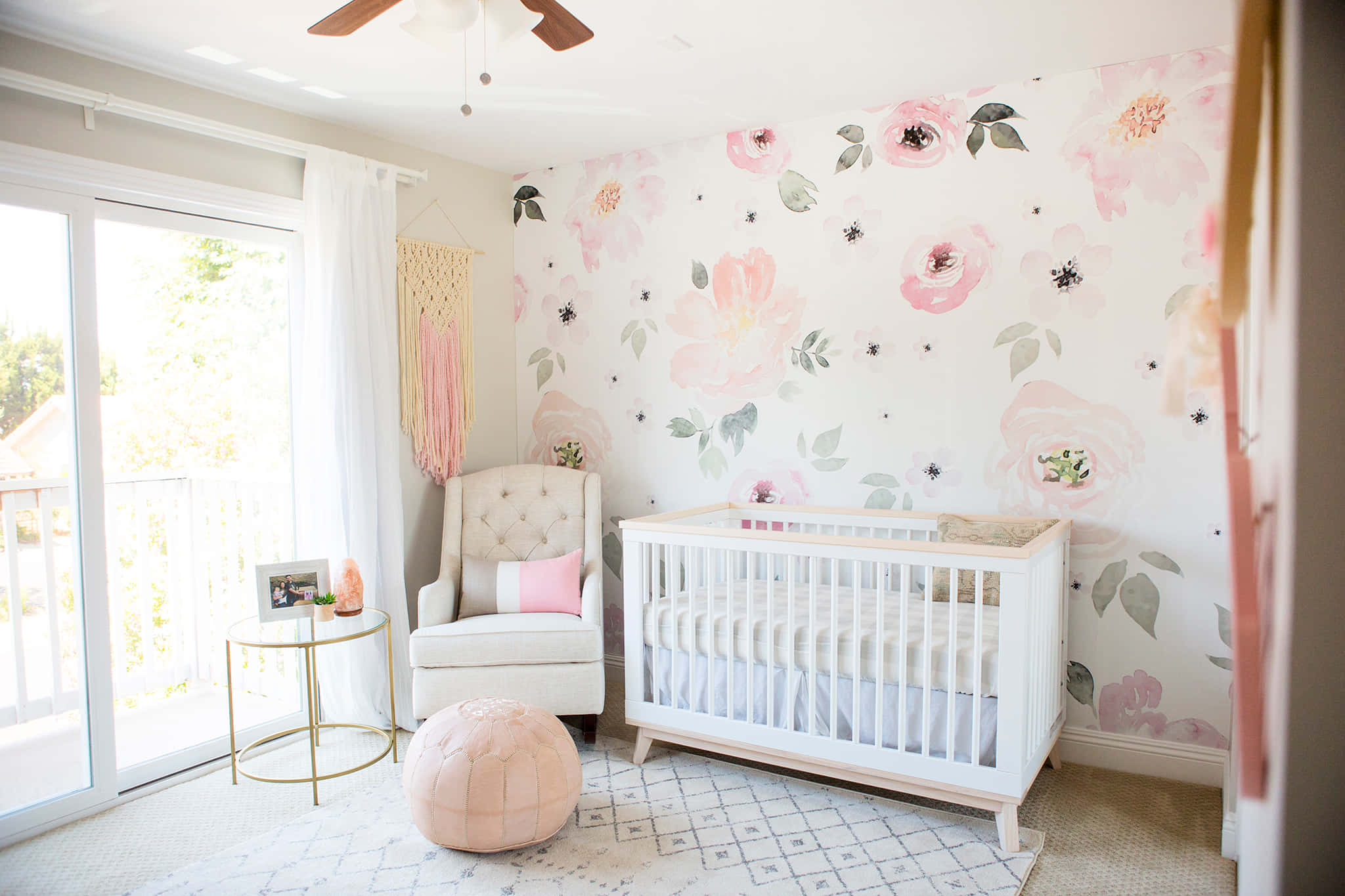 floral wallpapered wall, sunlit nursery, white crib, Full HD Desktop Wallpaper