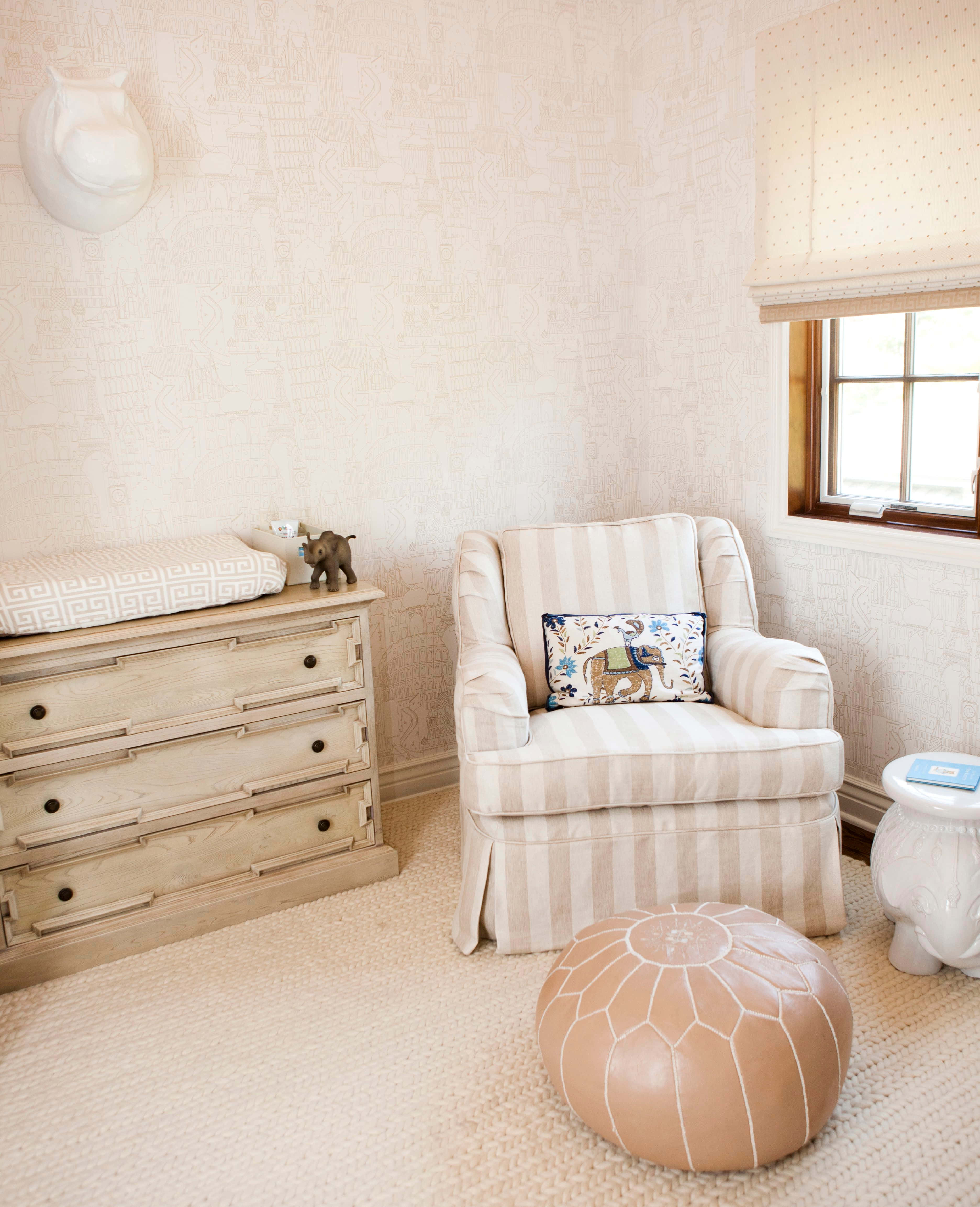 striped armchair, patterned wallpaper, soft beige tones, 4K Phone Wallpaper