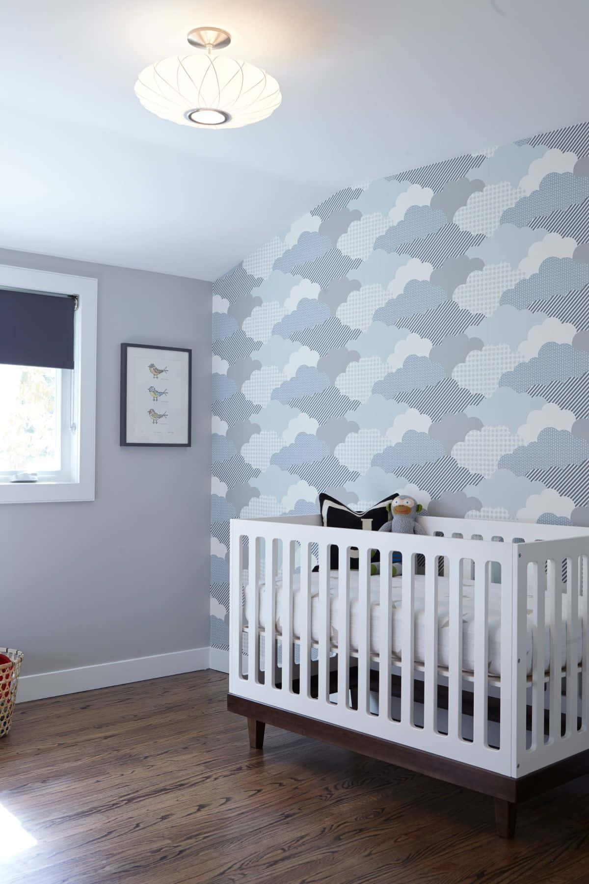 white crib, blue and white cloud wallpaper, wall, HD Phone Wallpaper