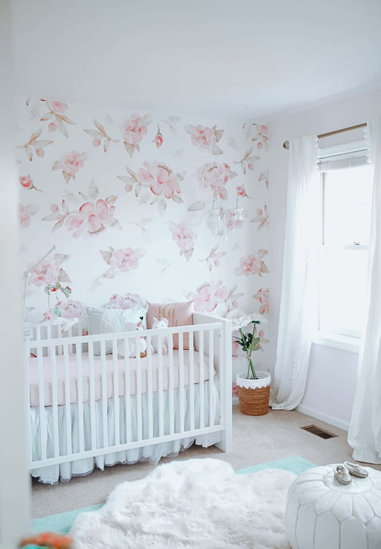 serene floral nursery room, white crib, soft pink floral wallpaper, Full HD Phone Wallpaper