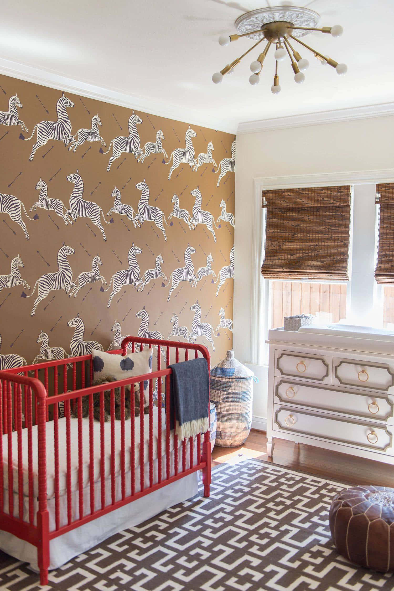 zebra-patterned wallpaper, bold red crib, geometric rug, Full HD Phone Wallpaper