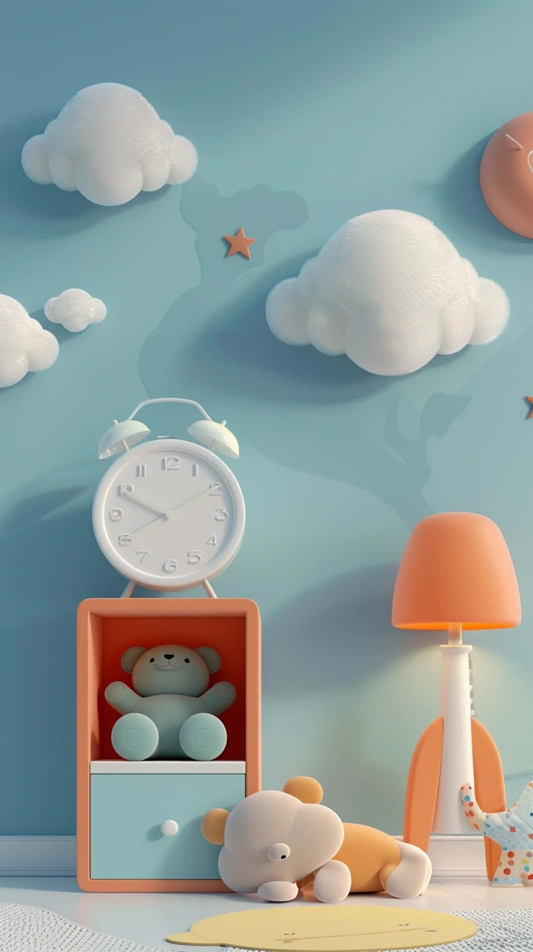 pastel blue nursery wall, 3d cloud decals, white alarm clock, Full HD Phone Wallpaper
