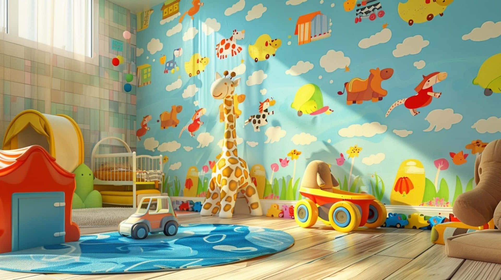colorful cartoon animal wallpaper, sunlit child's playroom, scattered toys, Full HD Desktop Wallpaper