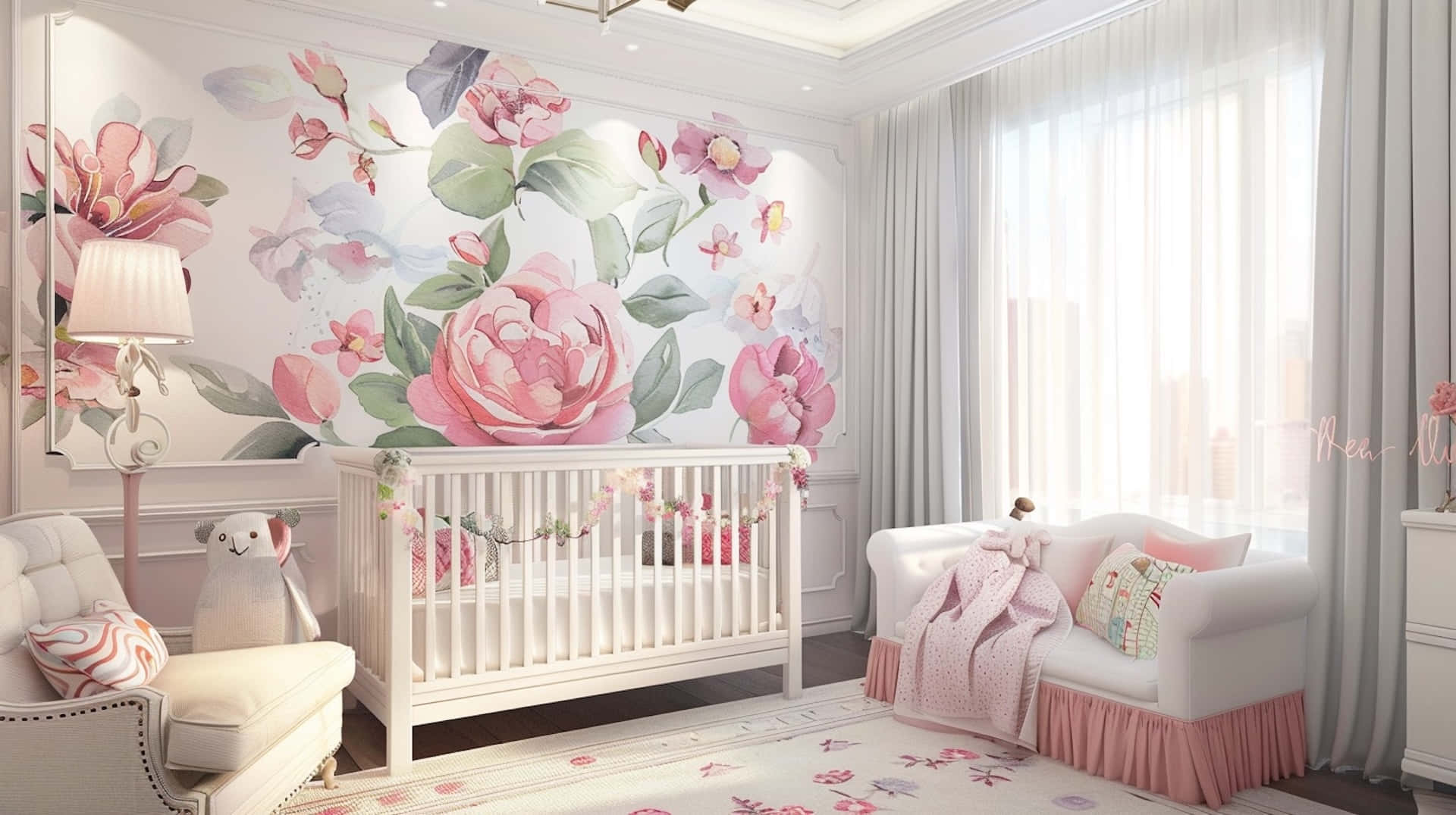 floral wallpaper mural, pink peonies, green leaves, Full HD Desktop Wallpaper