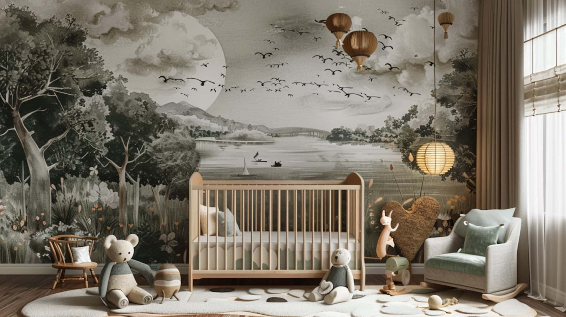 Enchanted Forest Nursery Theme, moonlit lake forest, hot air balloons, Full HD Desktop Wallpaper