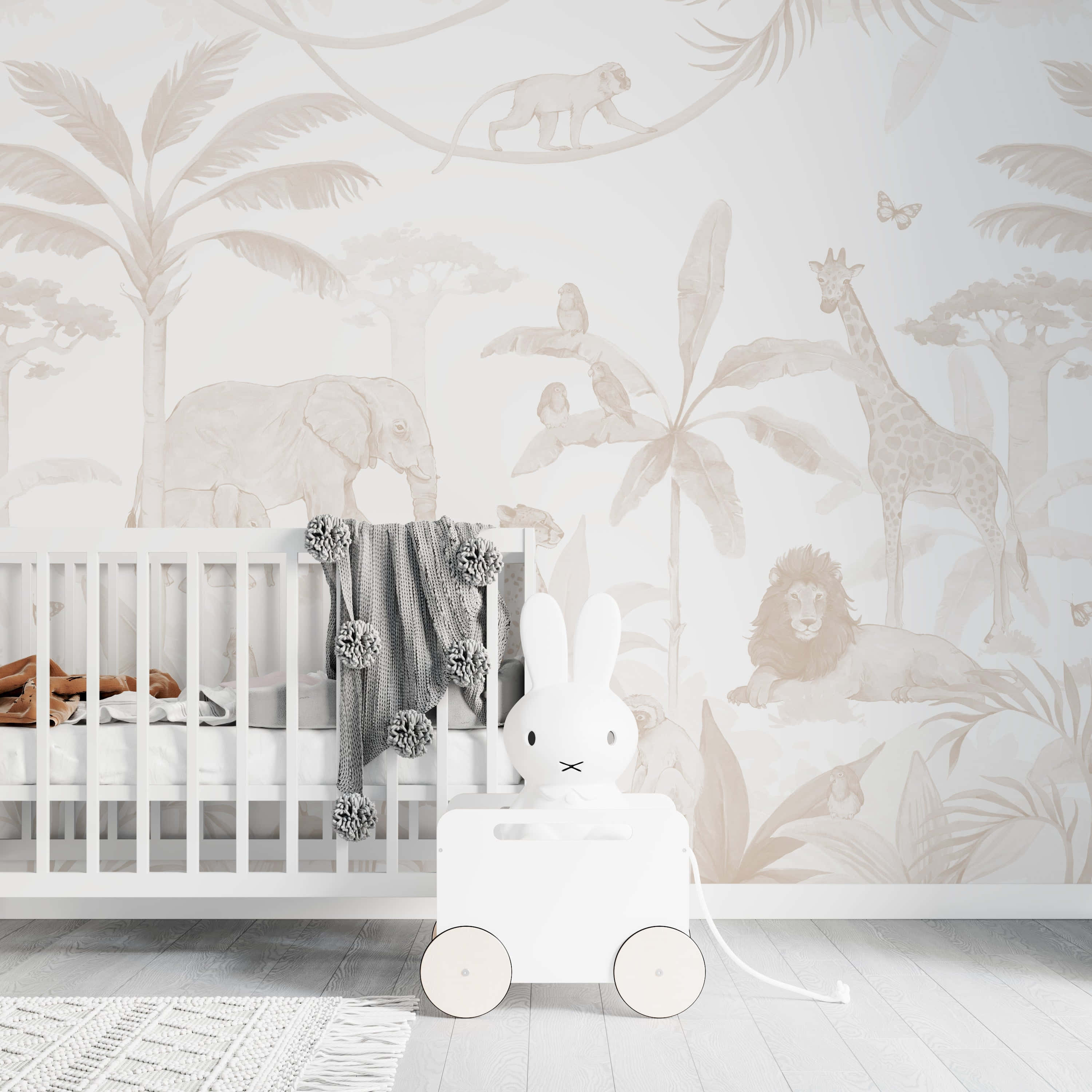 safari themed nursery room, white crib, monochrome jungle wallpaper, 2K Desktop Wallpaper