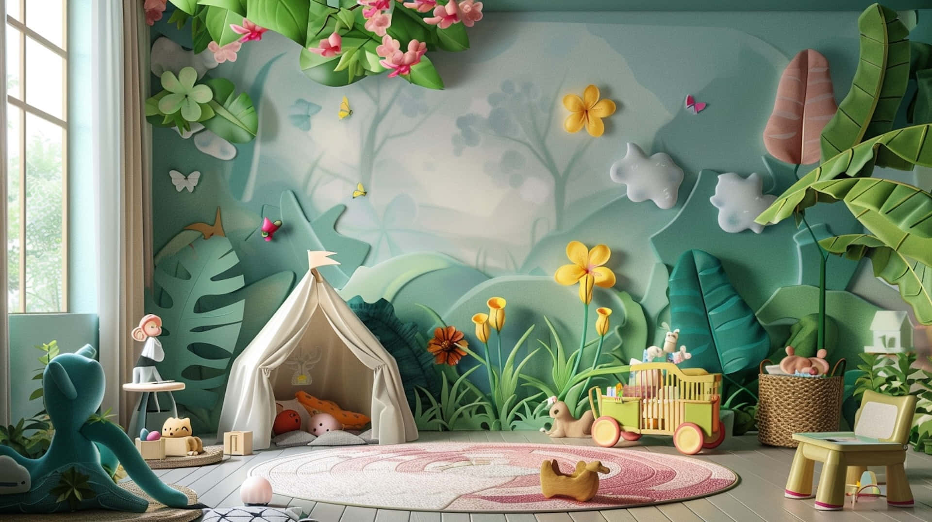 enchanted forest, jungle-themed children's room, teepee toy, Full HD Desktop Wallpaper