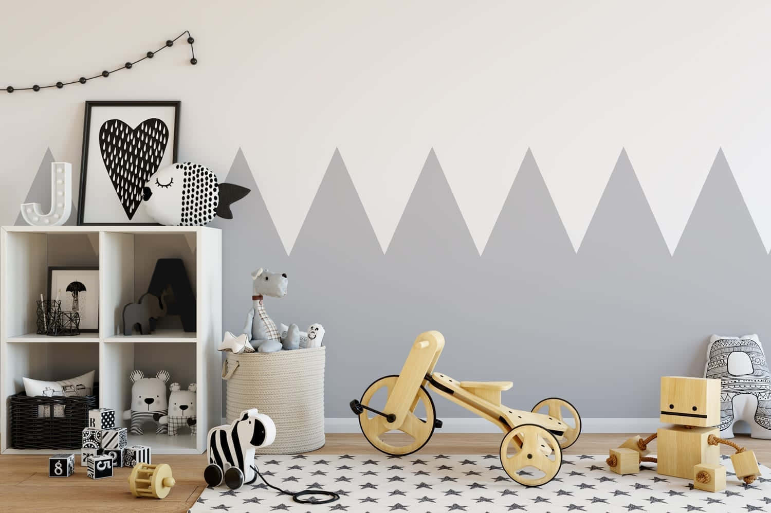 modern styled nursery room decor, wooden toys, gray mountain-patterned wallpaper, HD Desktop Wallpaper