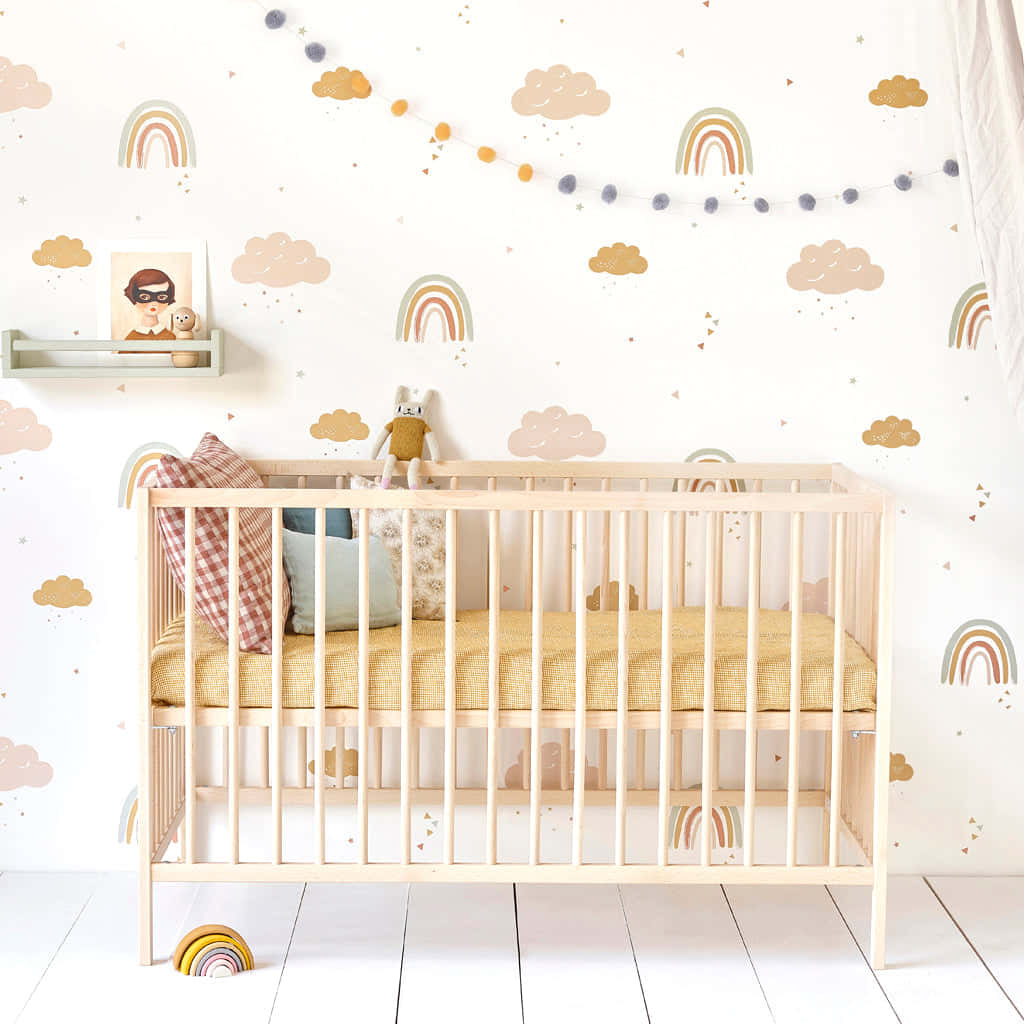 wooden crib, pastel rainbow, cloud decals, SD Desktop Wallpaper