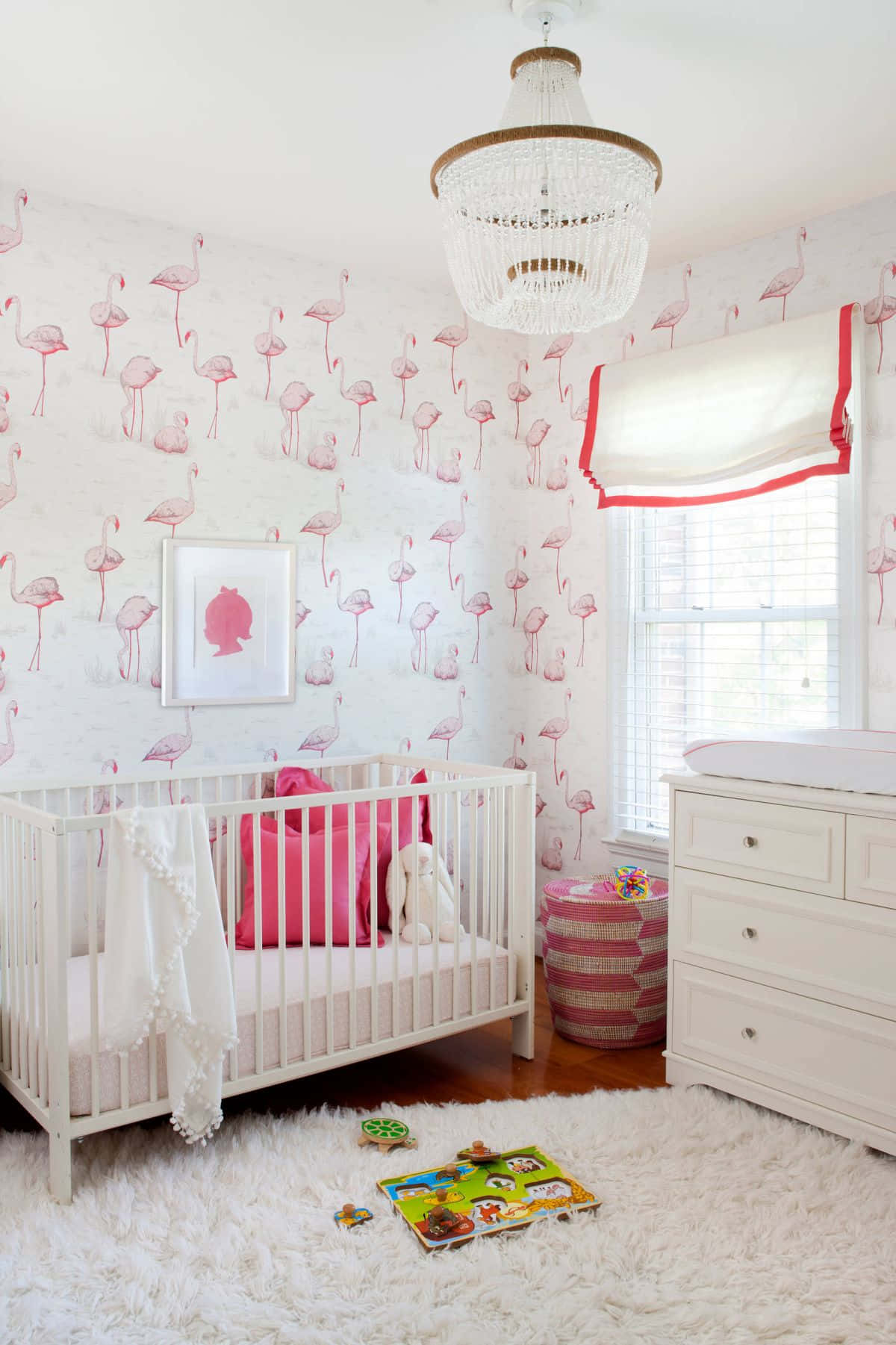 flamingo themed nursery room, pink flamingo wallpaper, white furniture, HD Phone Wallpaper