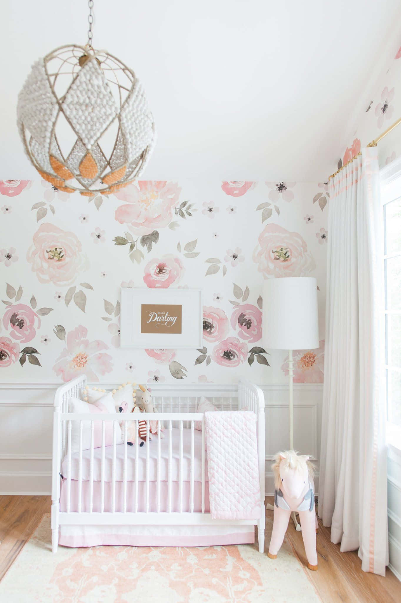 pink floral wallpaper, white crib, whimsical hanging lamp, Full HD Phone Wallpaper