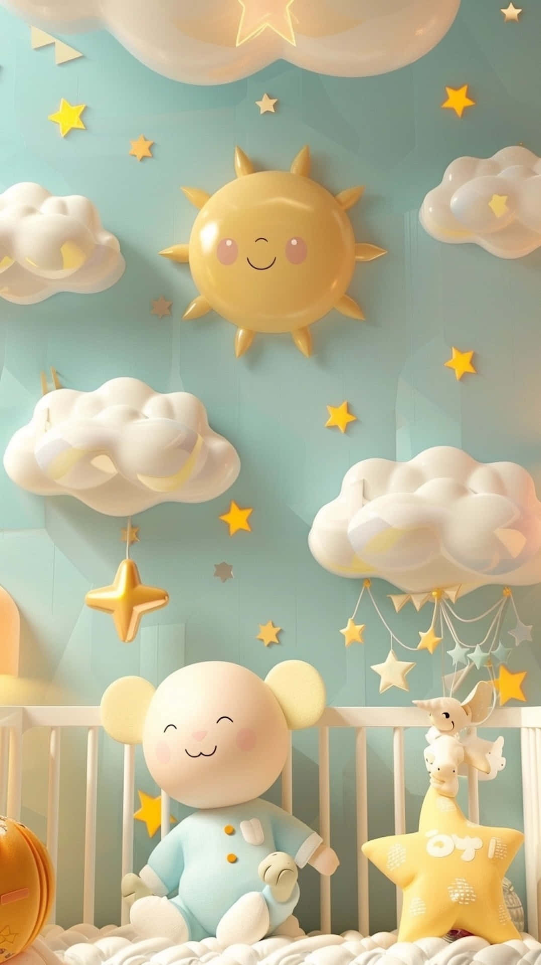 celestial theme, cartoon sun, fluffy clouds, Full HD Phone Wallpaper
