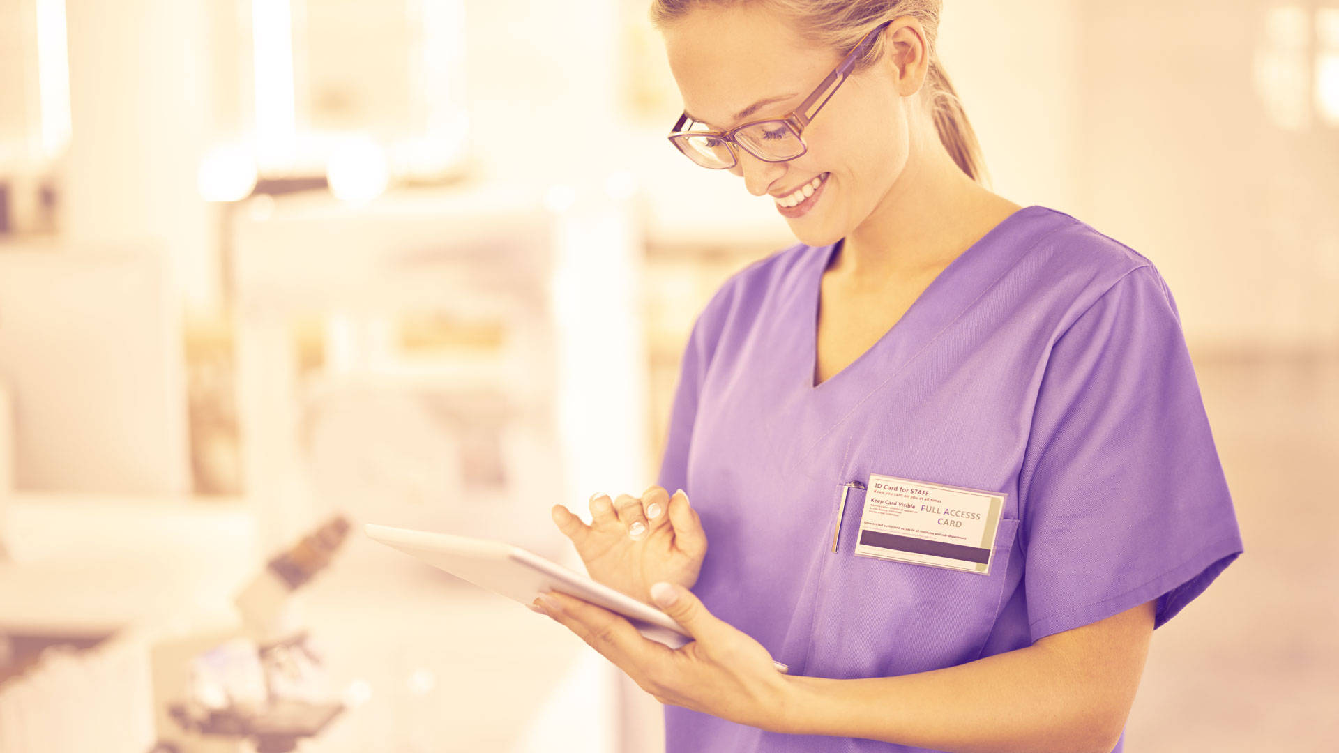 female nurse, purple scrubs, tablet, Full HD Desktop Wallpaper
