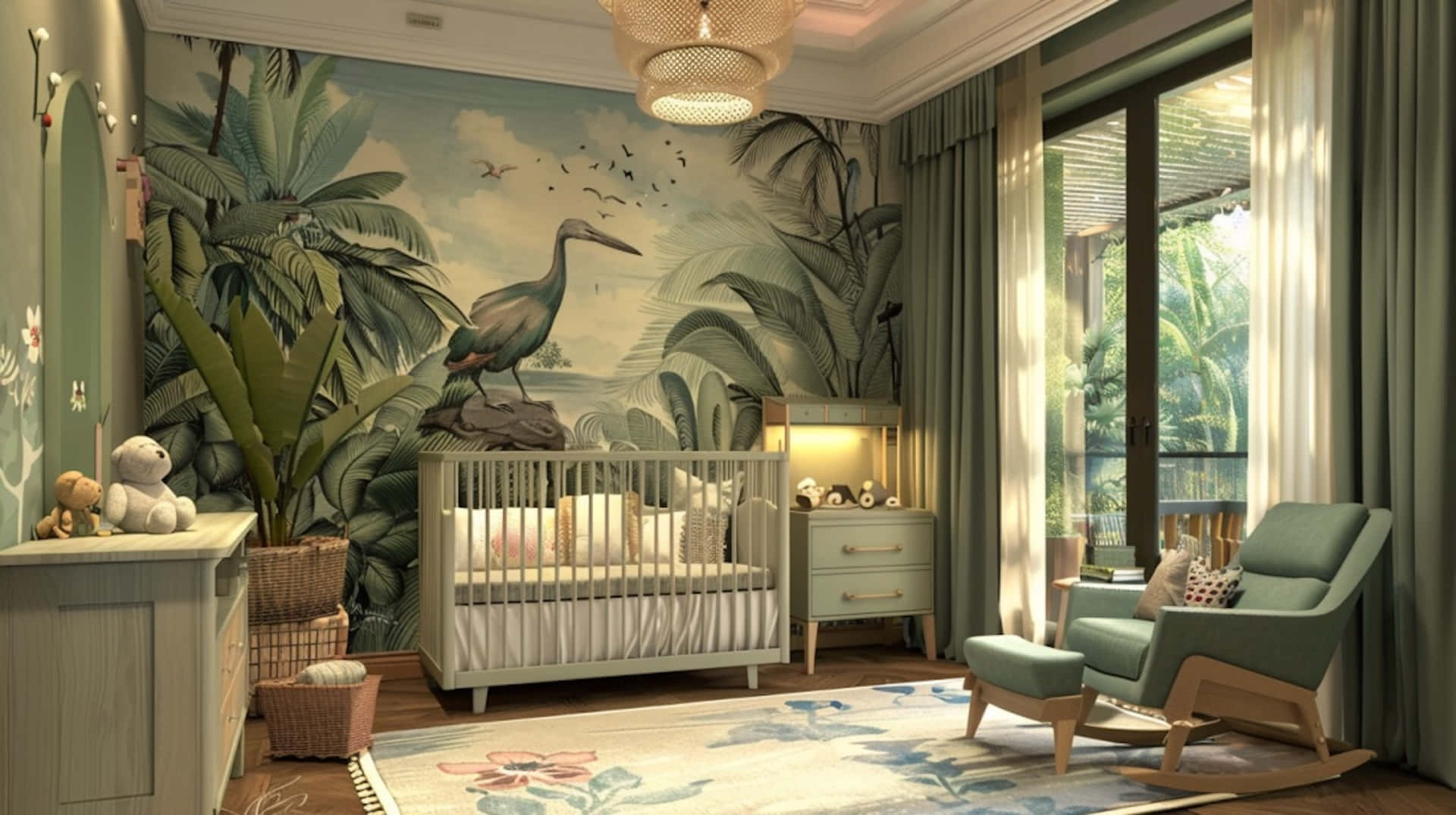tropical mural, heron, palm trees, Full HD Desktop Wallpaper