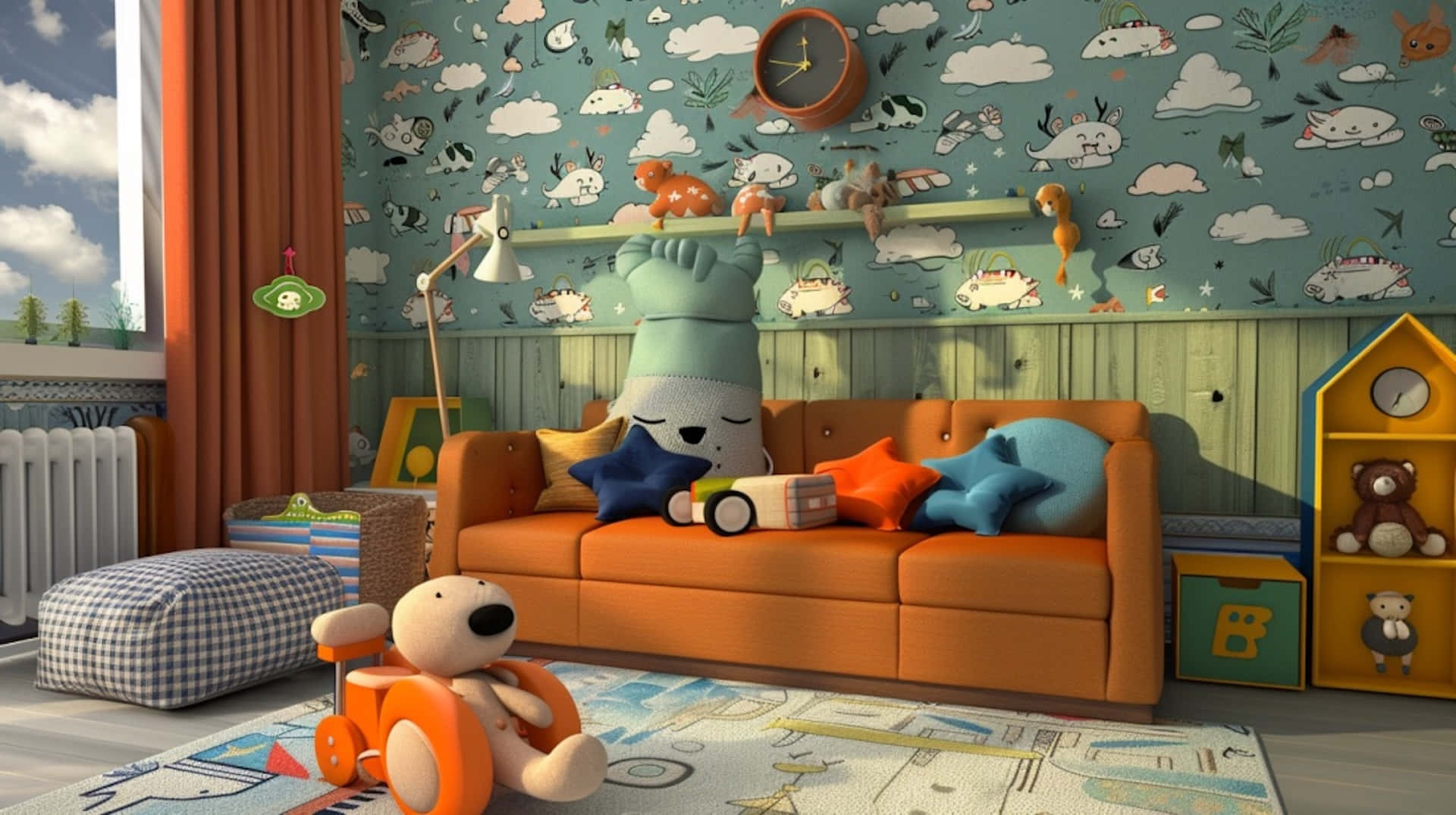 cozy childrens room, orange sofa, whimsical cloud wallpaper, Full HD Desktop Wallpaper