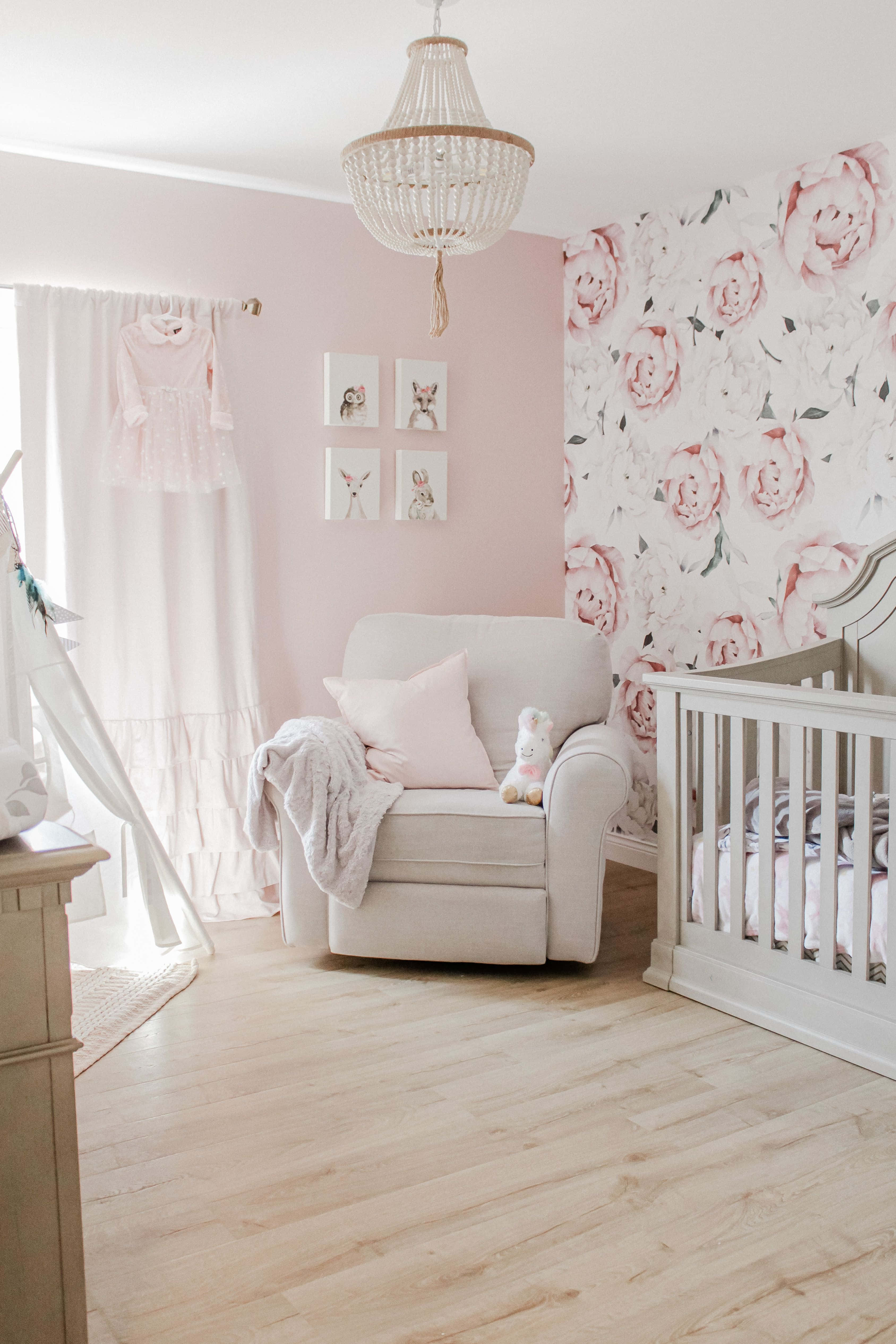 pink floral wallpaper, white glider chair, crib, 4K Phone Wallpaper