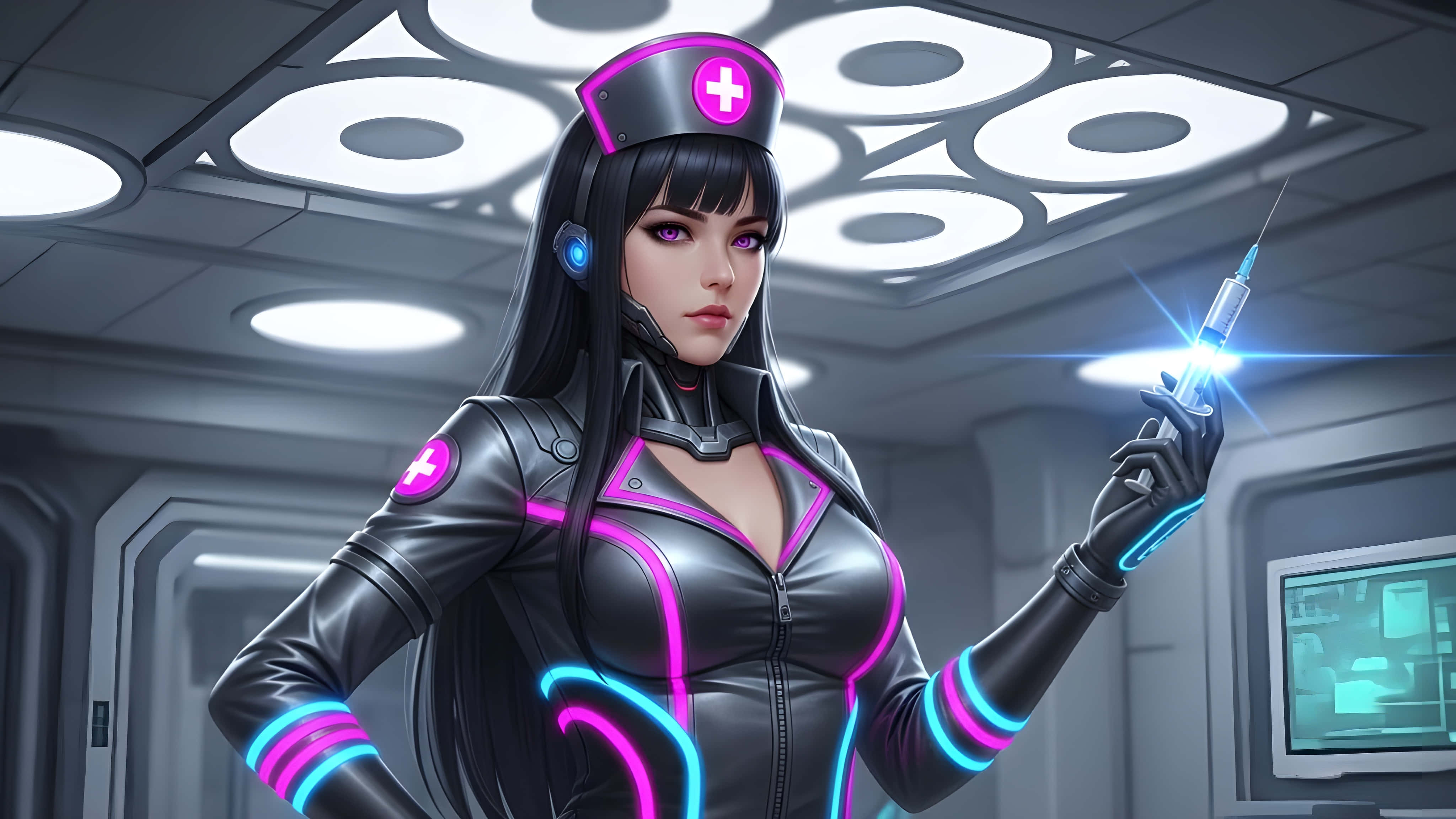 cyberpunk nurse, black leather outfit, glowing pink and blue accents, 4K Desktop Wallpaper