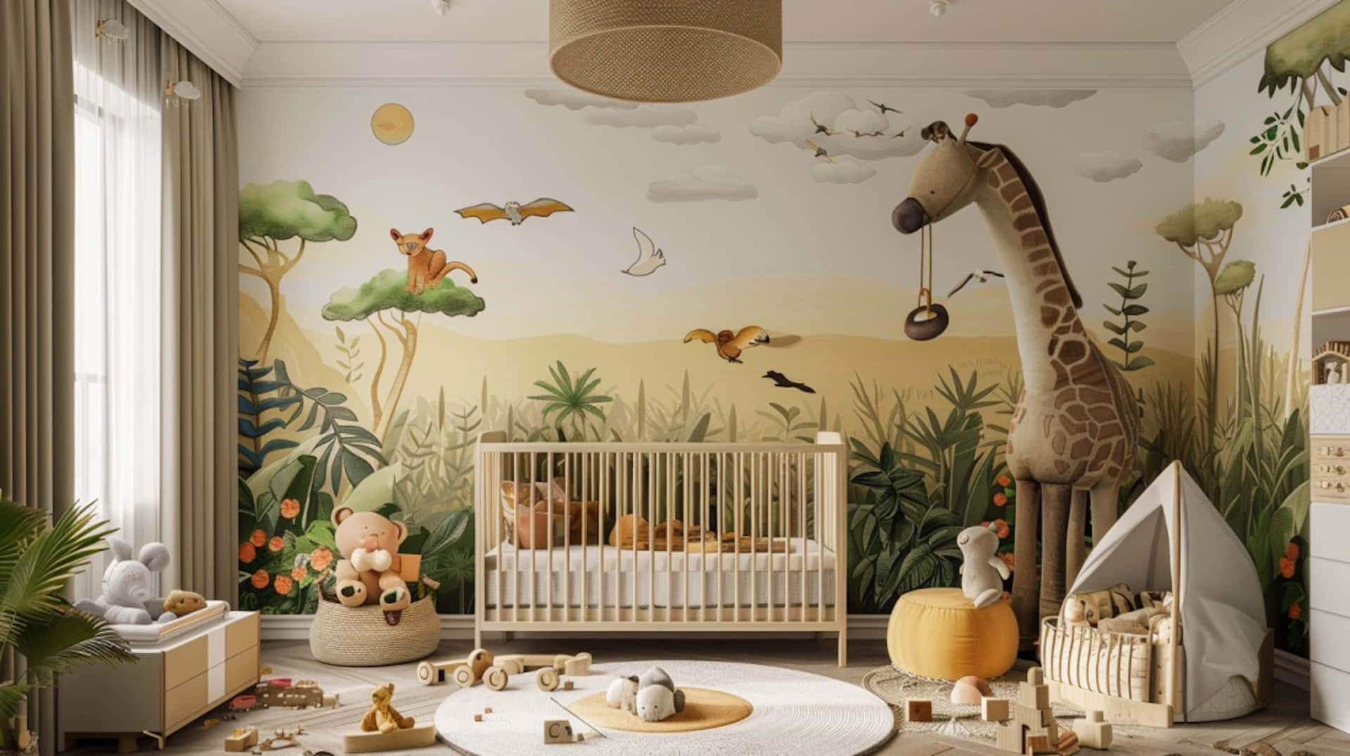 safari themed nursery room, jungle-themed wallpaper, giraffes, Full HD Desktop Wallpaper