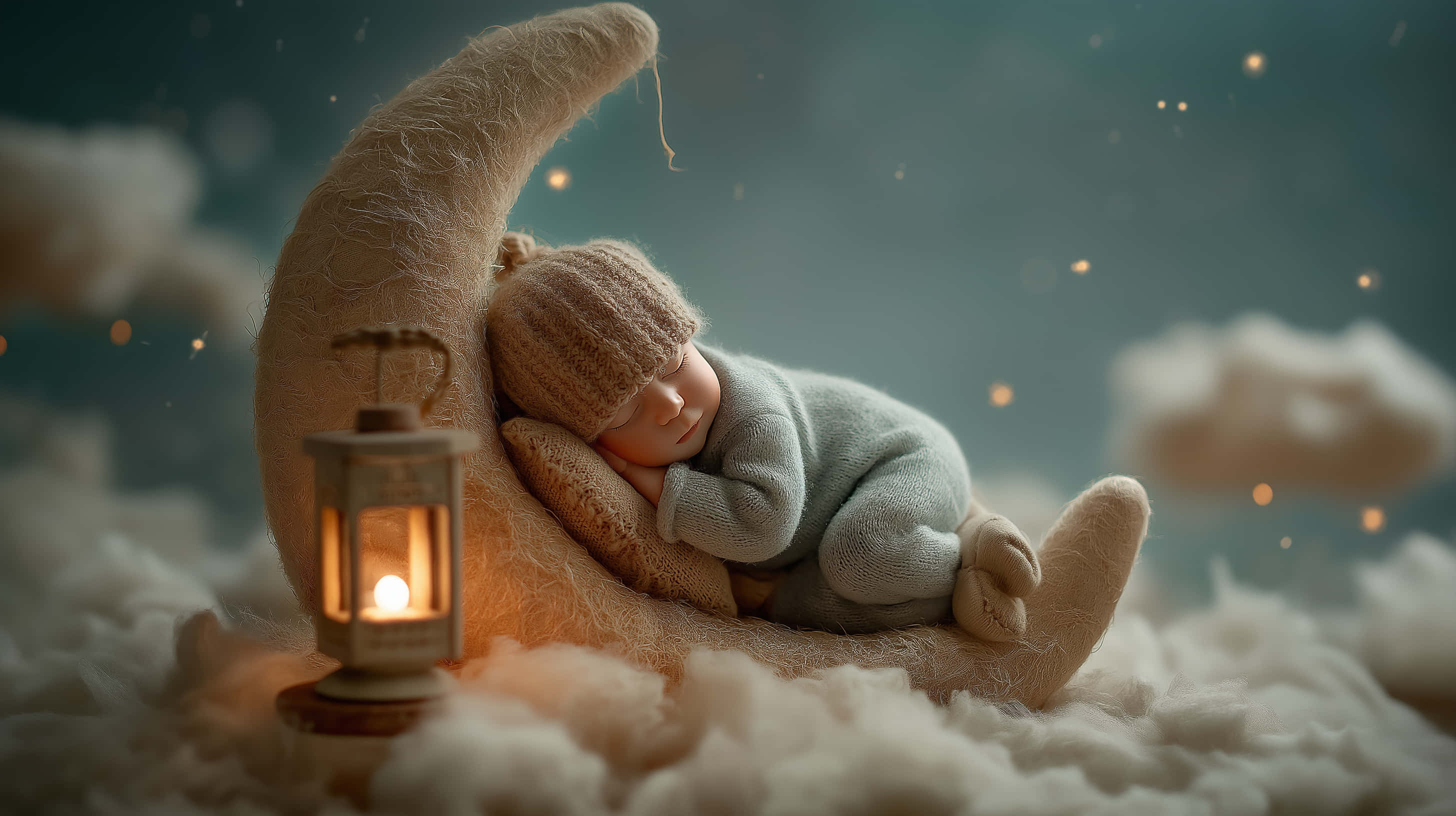 cherubic newborn, moon-shaped pillow, glowing lantern, 2K Desktop Wallpaper