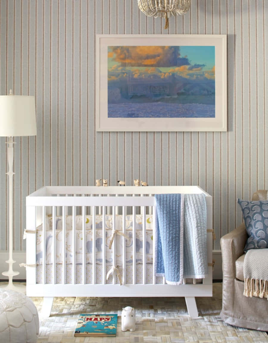white crib, striped wallpaper, framed sunset painting, SD Phone Wallpaper