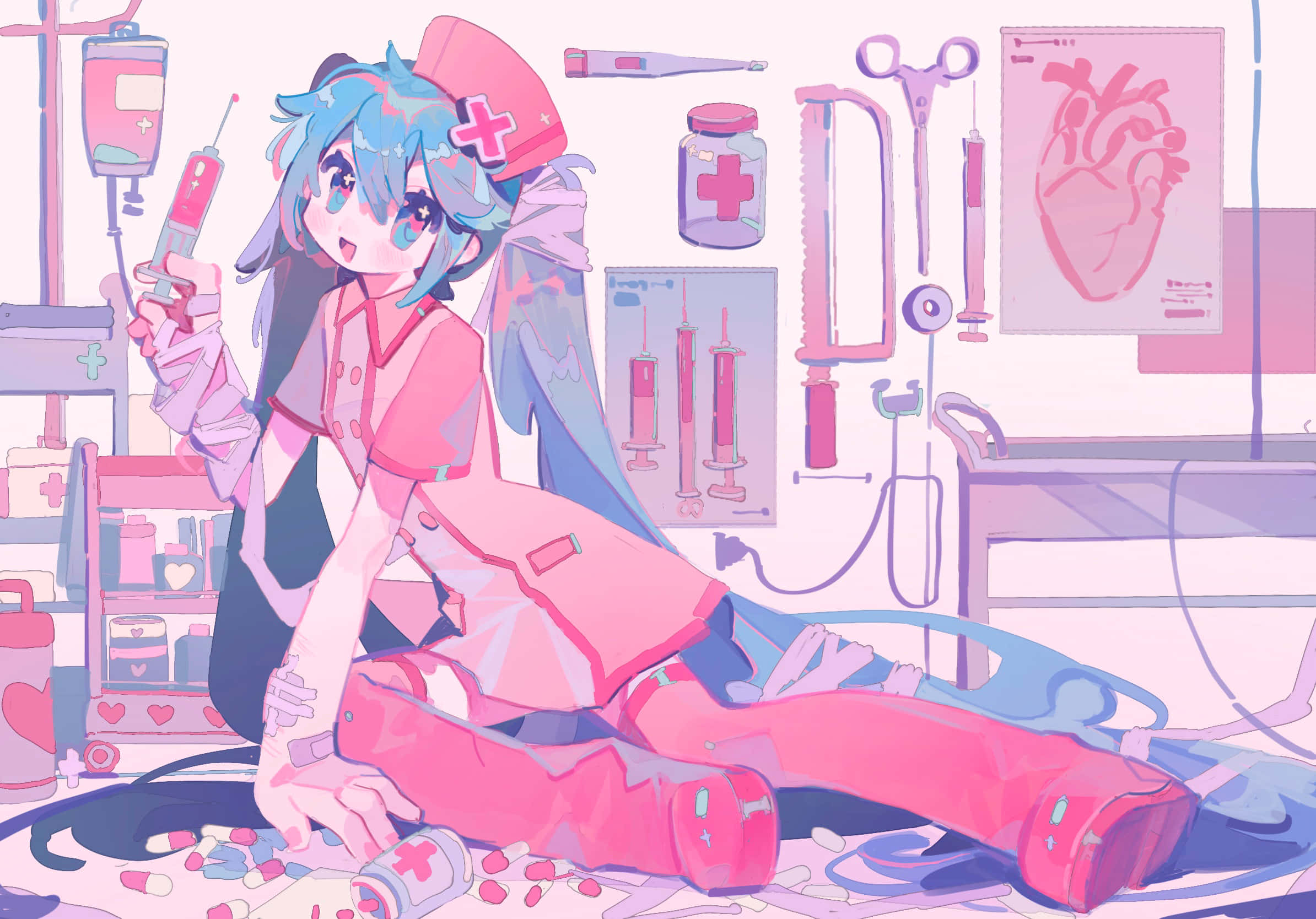 blue-haired anime nurse, pink uniform, pastel pink hospital room, Full HD Desktop Wallpaper