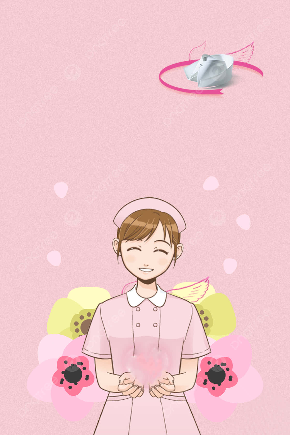 pink nurse, glowing heart, colorful flowers, HD Phone Wallpaper
