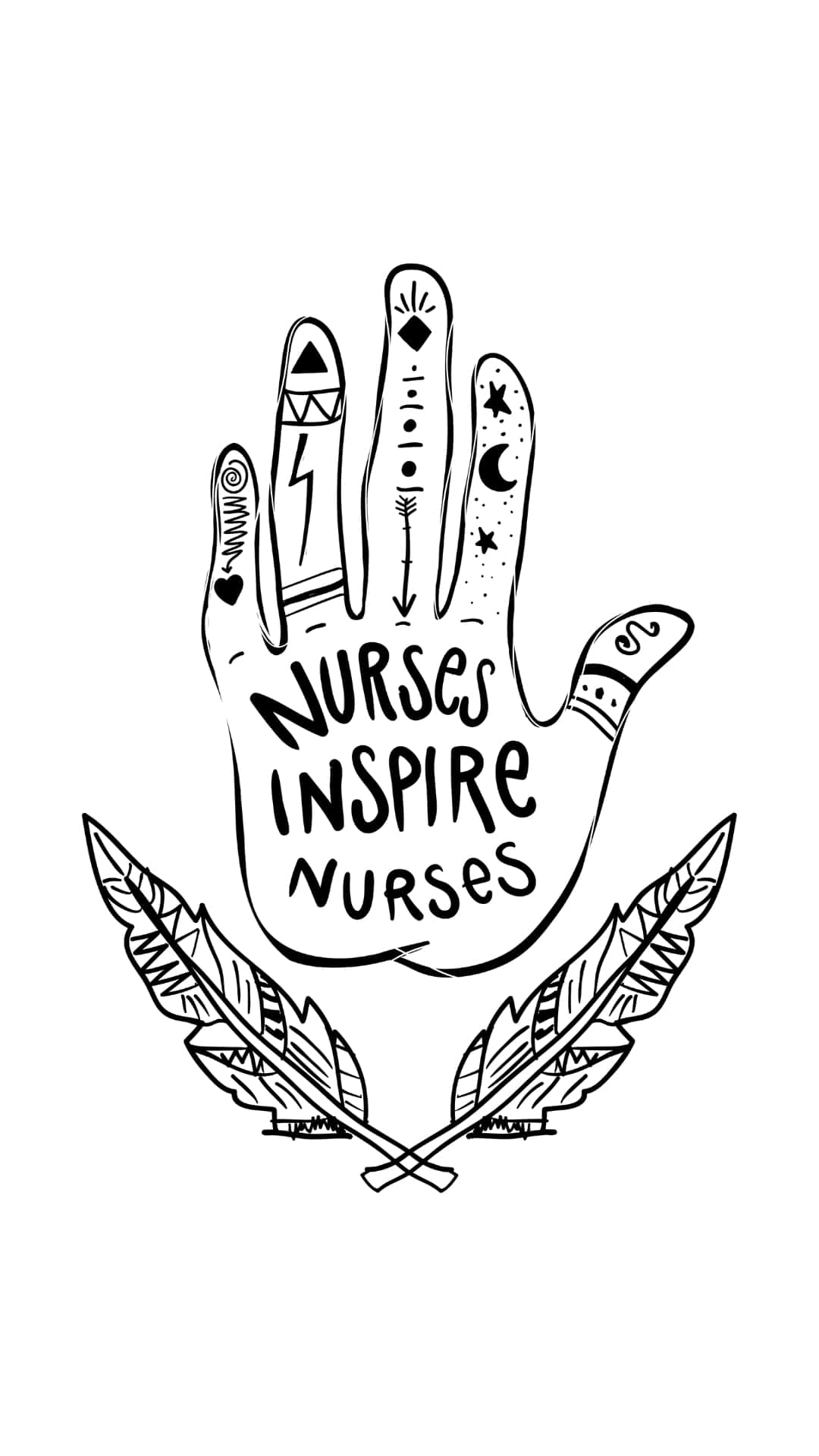 nurses inspire nurses, crossed feathers, stylized black and white hand, Full HD Phone Wallpaper