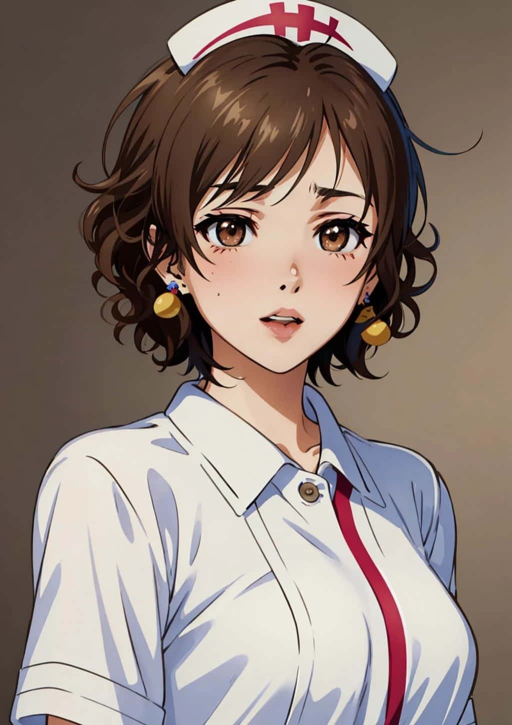 anime nurse, brown curly hair, gold earrings, HD Phone Wallpaper