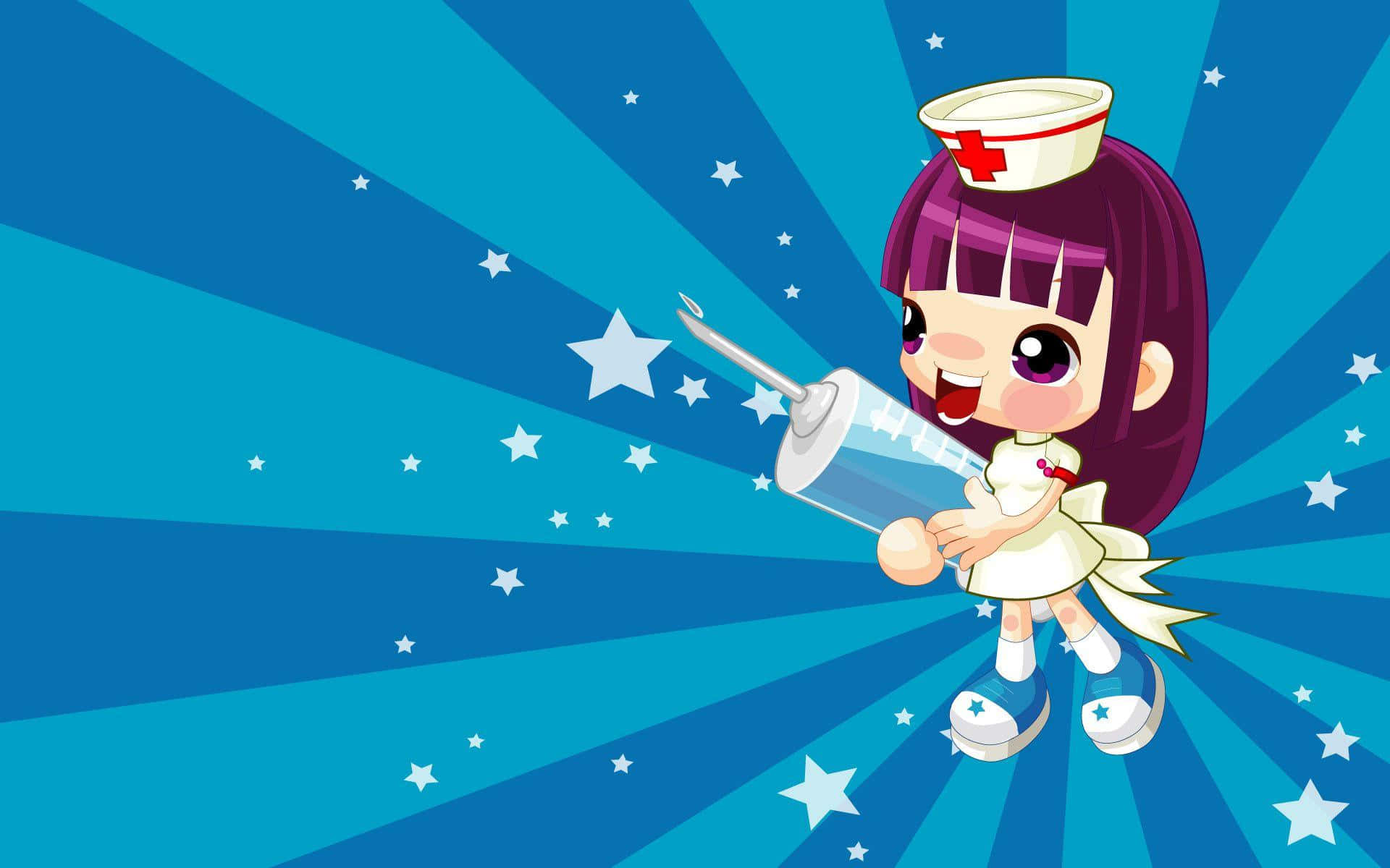 nurse, purple hair, syringe filled with stars, Full HD Desktop Wallpaper