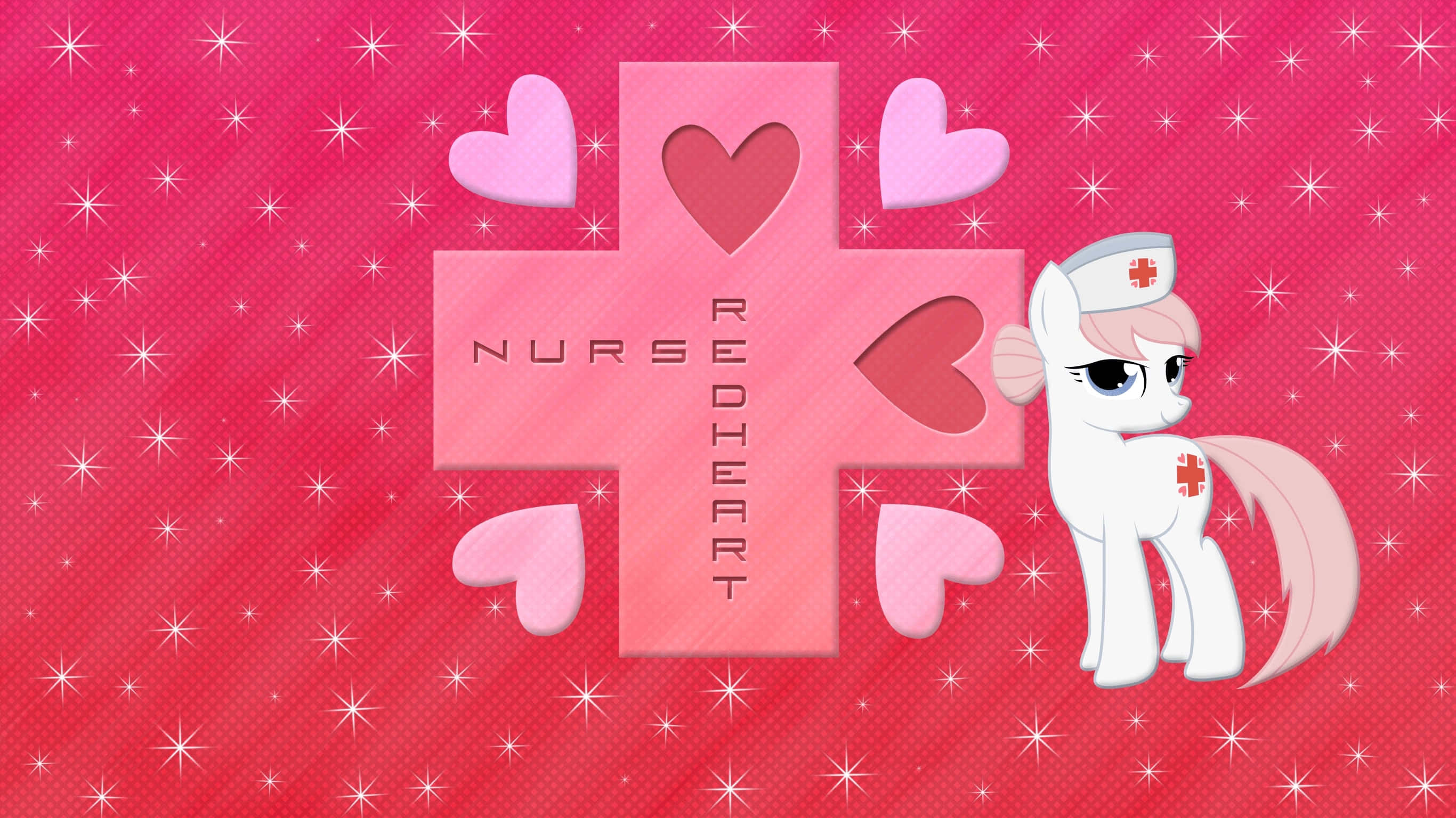 nurse pony, pink cross emblem, hearts, 2K Desktop Wallpaper
