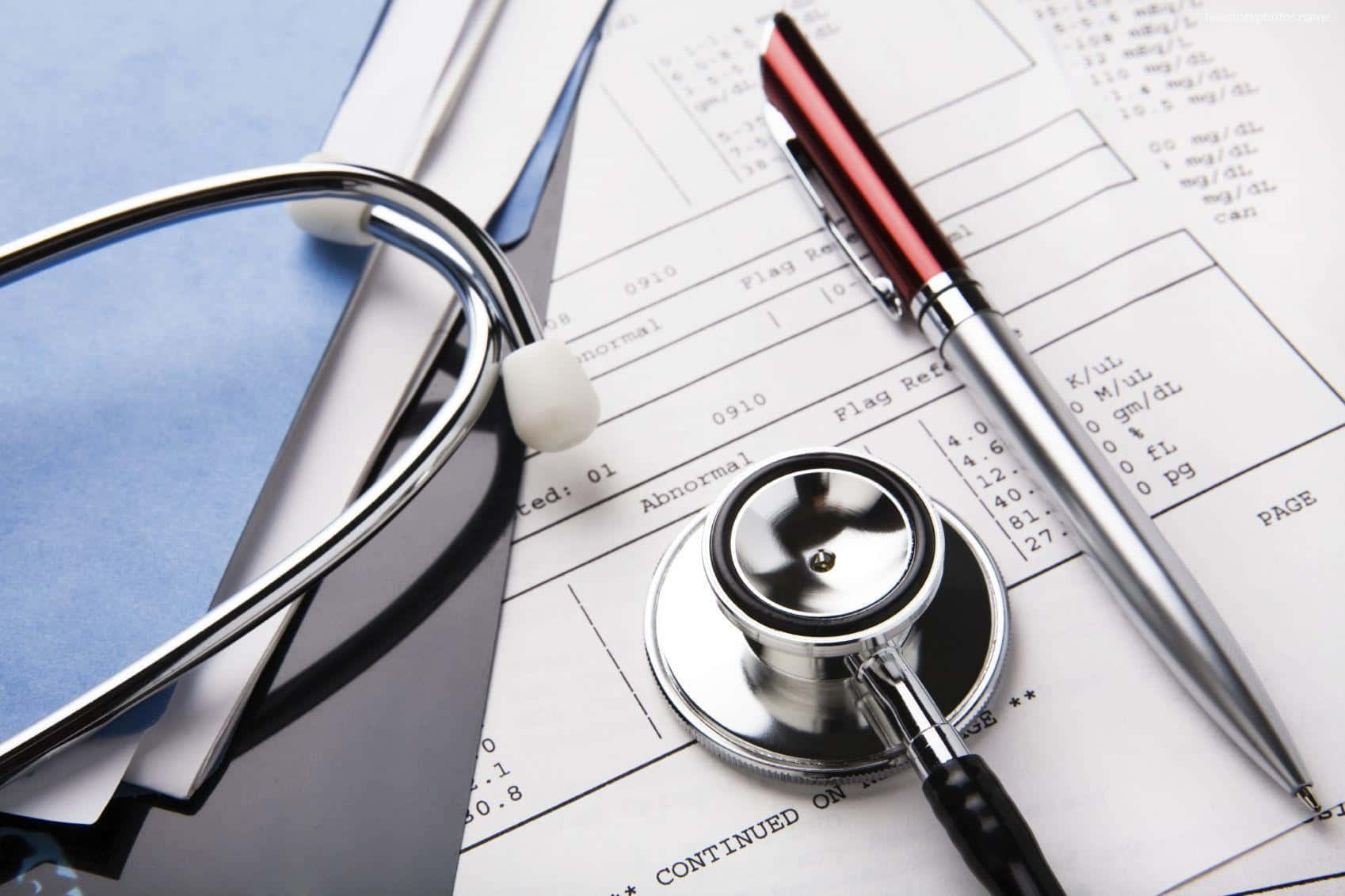 stethoscope, red pen, medical lab reports, HD Desktop Wallpaper