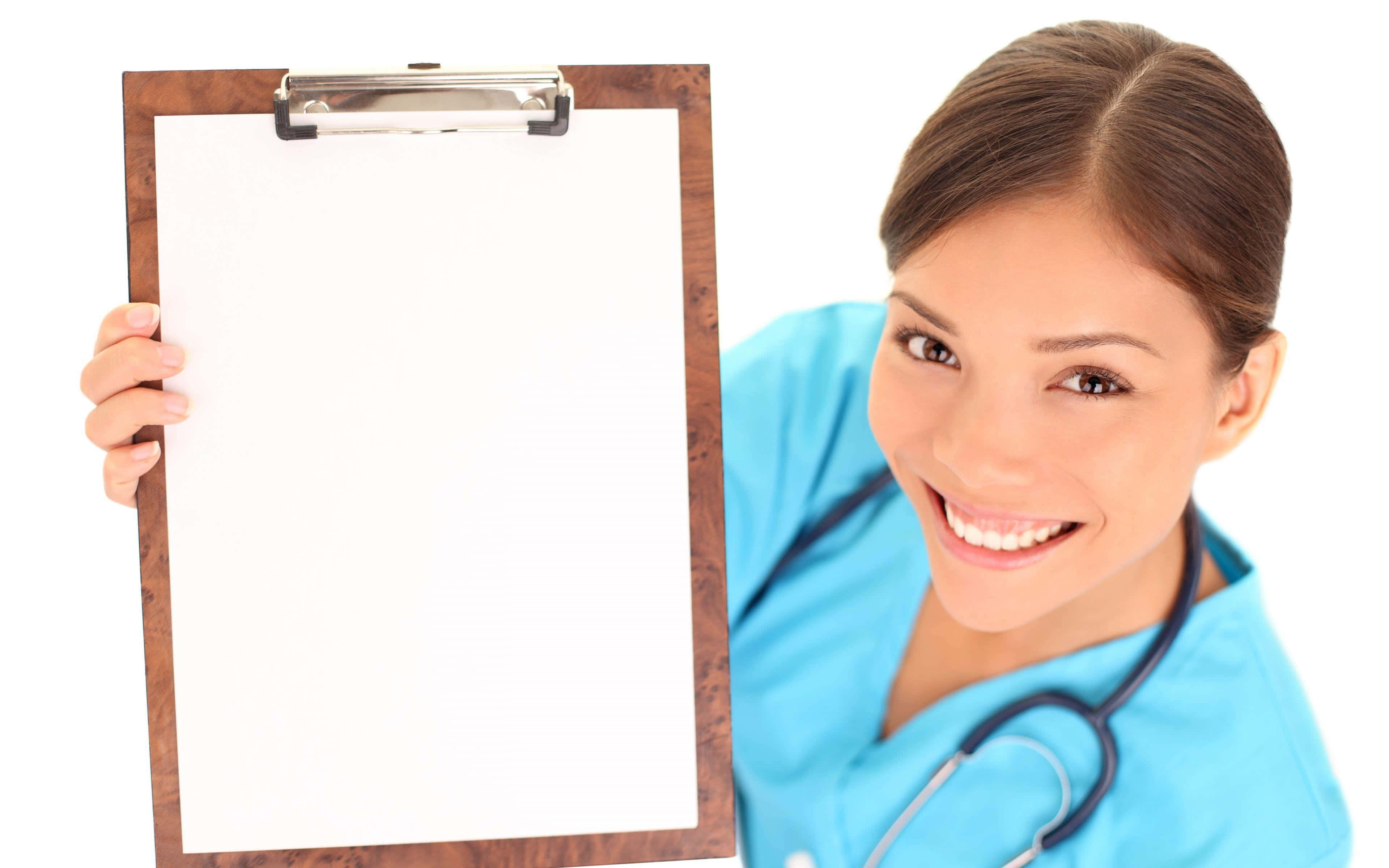nurse, blue scrubs, clipboard, 4K Desktop Wallpaper