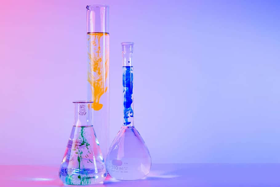 three glass flasks, colorful swirling liquids, soft pink and purple gradient background, SD Desktop Wallpaper