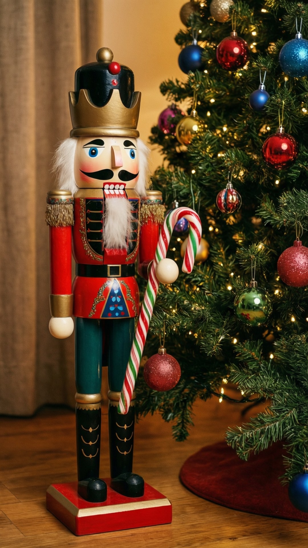 Nutcracker, candy cane, Christmas tree, Full HD Phone Wallpaper