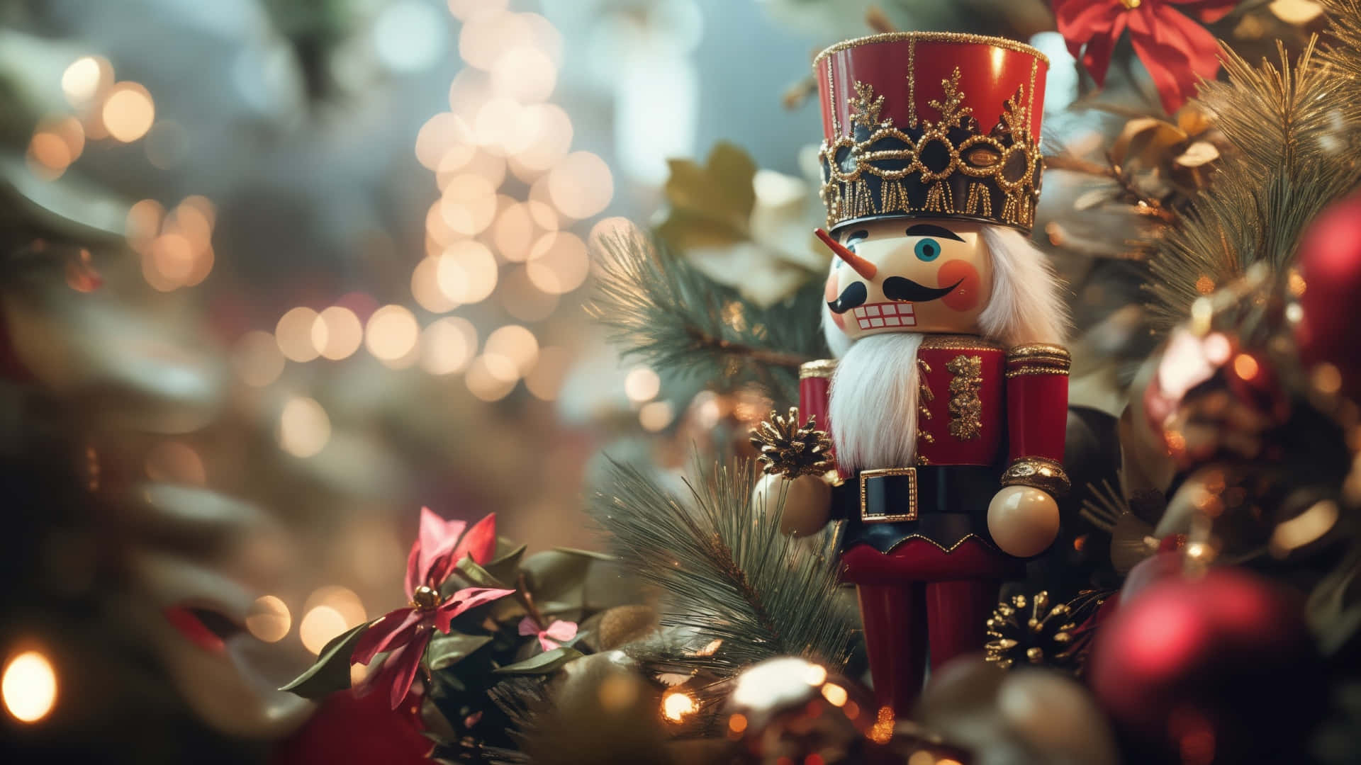 Nutcracker, red and gold, pine needles, Full HD Desktop Wallpaper