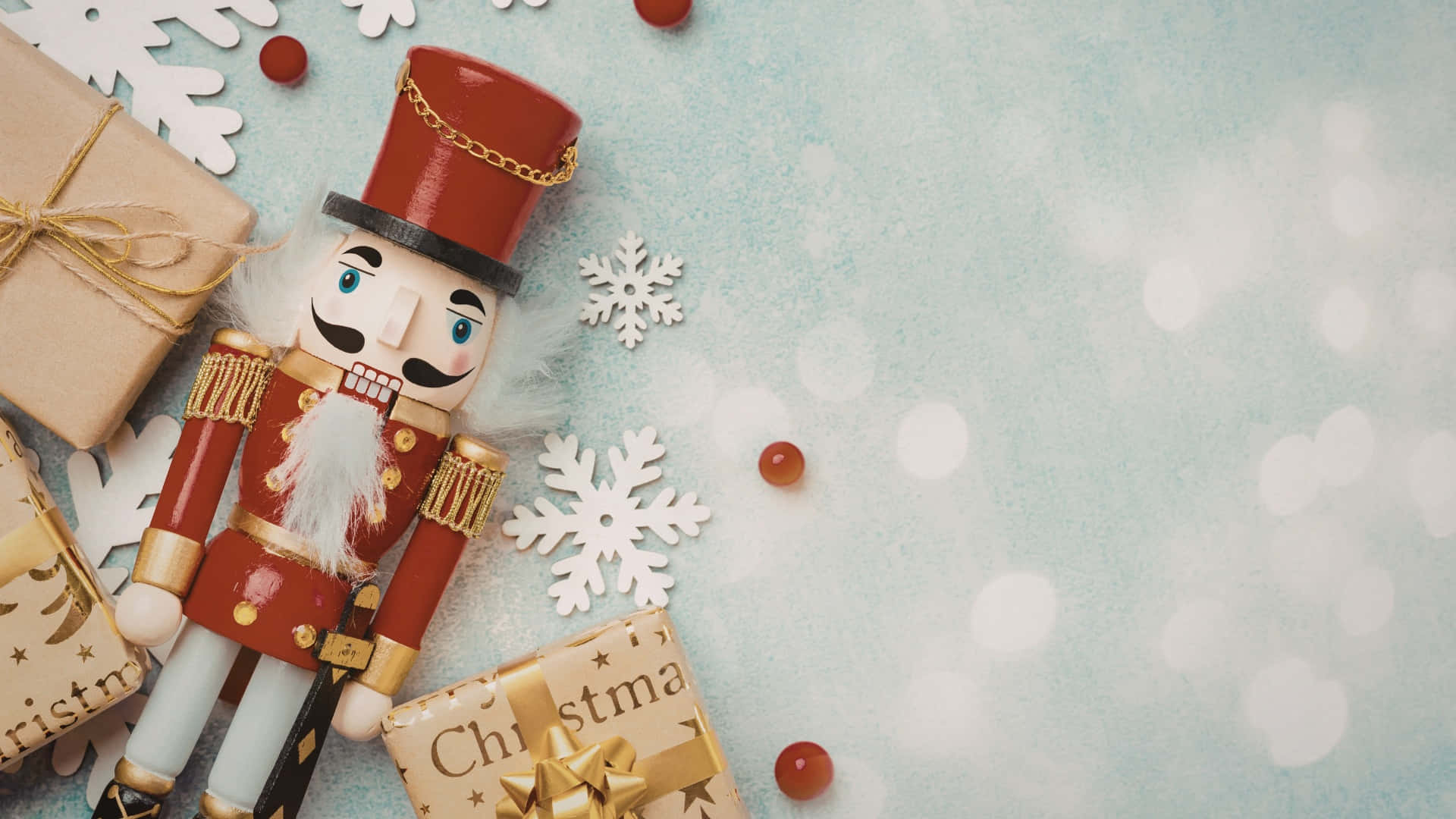 Nutcracker, red uniform, wrapped gifts, Full HD Desktop Wallpaper