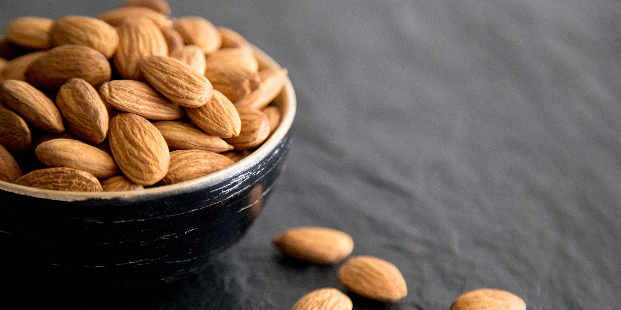 Wonderful Almond Nuts, rustic black bowl, textured almonds, Full HD Desktop Wallpaper