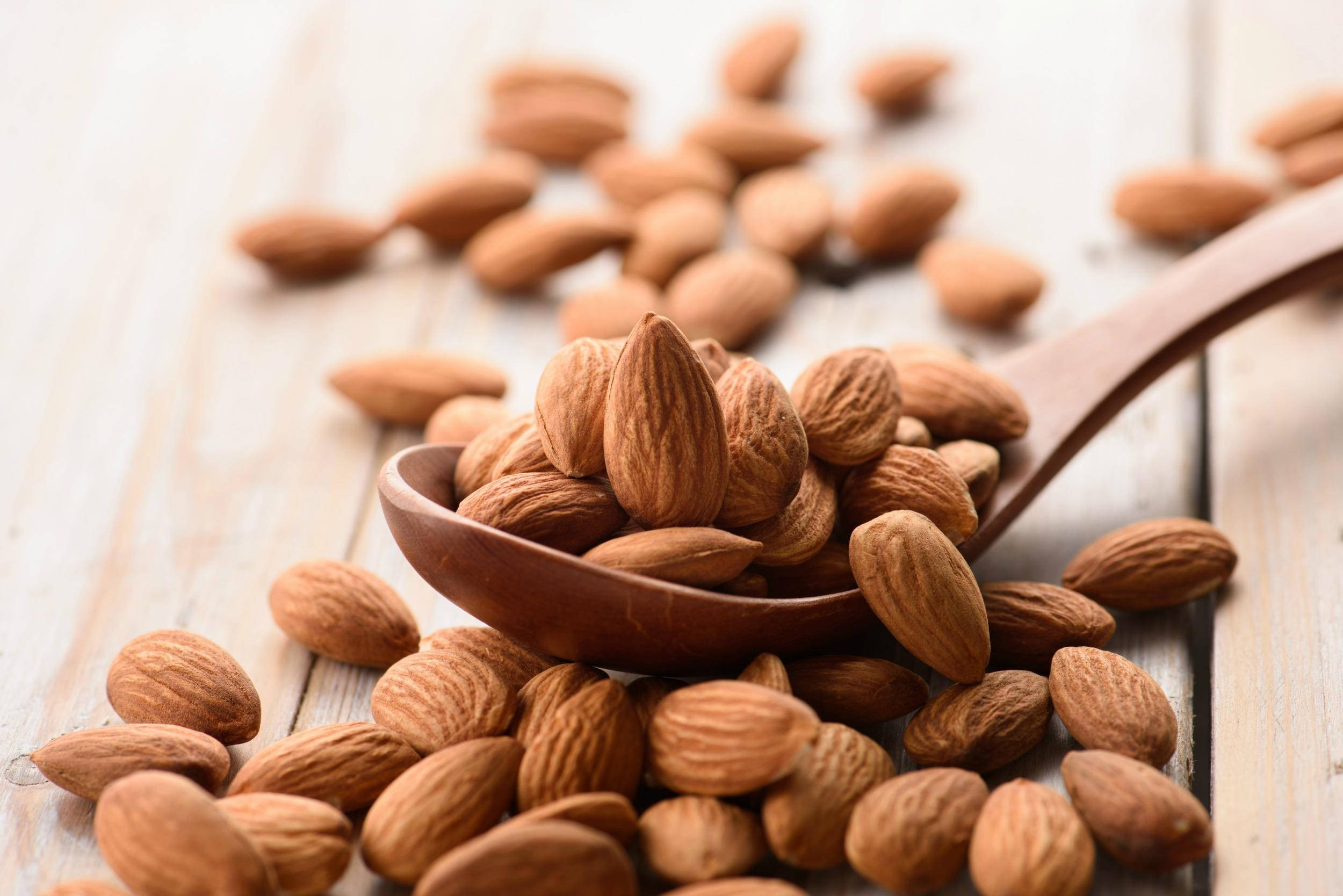 almond nuts, wooden spoon, light wooden surface, Full HD Desktop Wallpaper