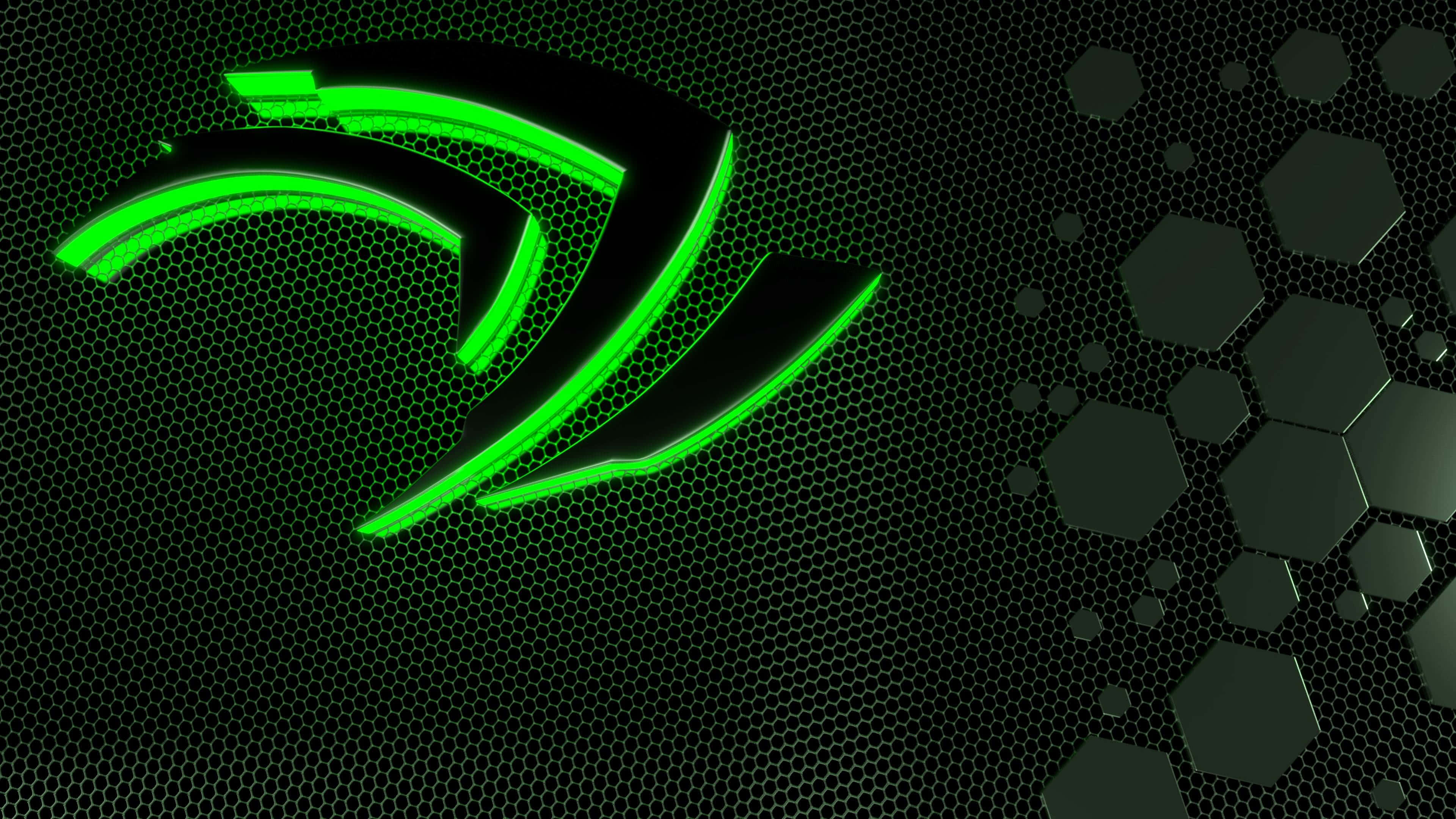 Nvidia 4K UHD, glowing green NVIDIA logo, dark hexagonal mesh background, 4K Desktop Wallpaper